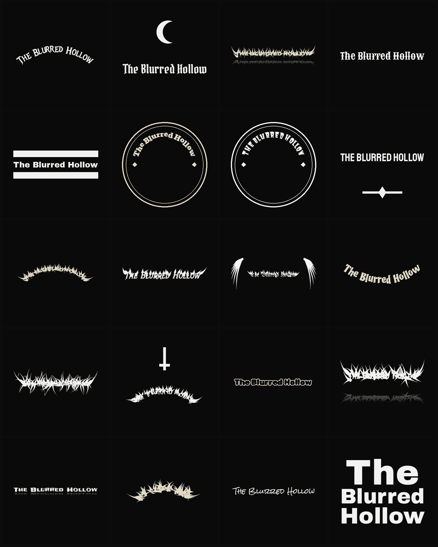 Twenty The Blurred Hollow band logo ideas — different faces, treatments and spike settings