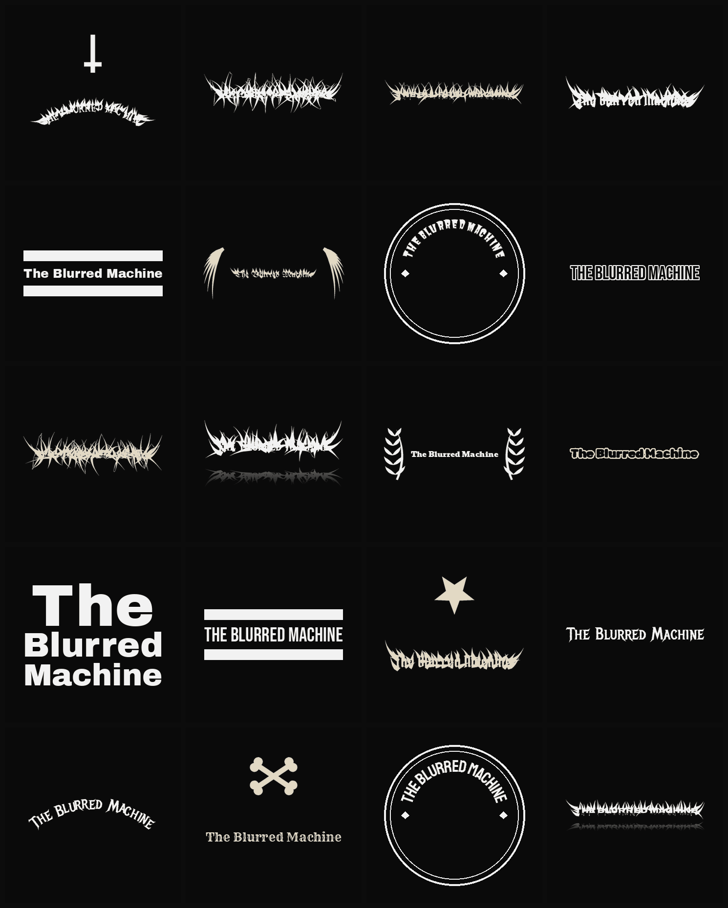 Twenty The Blurred Machine band logo ideas — different faces, treatments and spike settings
