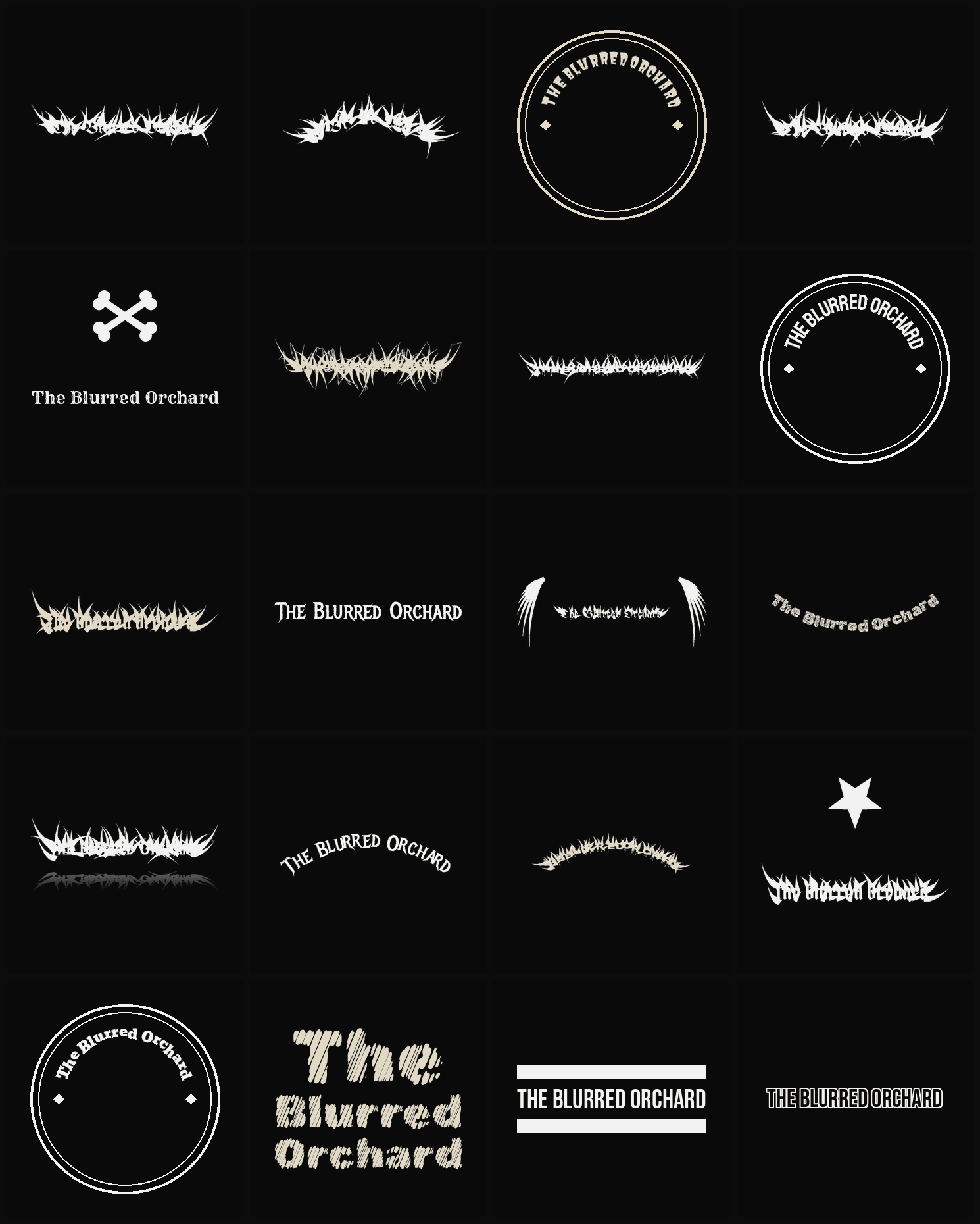 Twenty The Blurred Orchard band logo ideas — different faces, treatments and spike settings