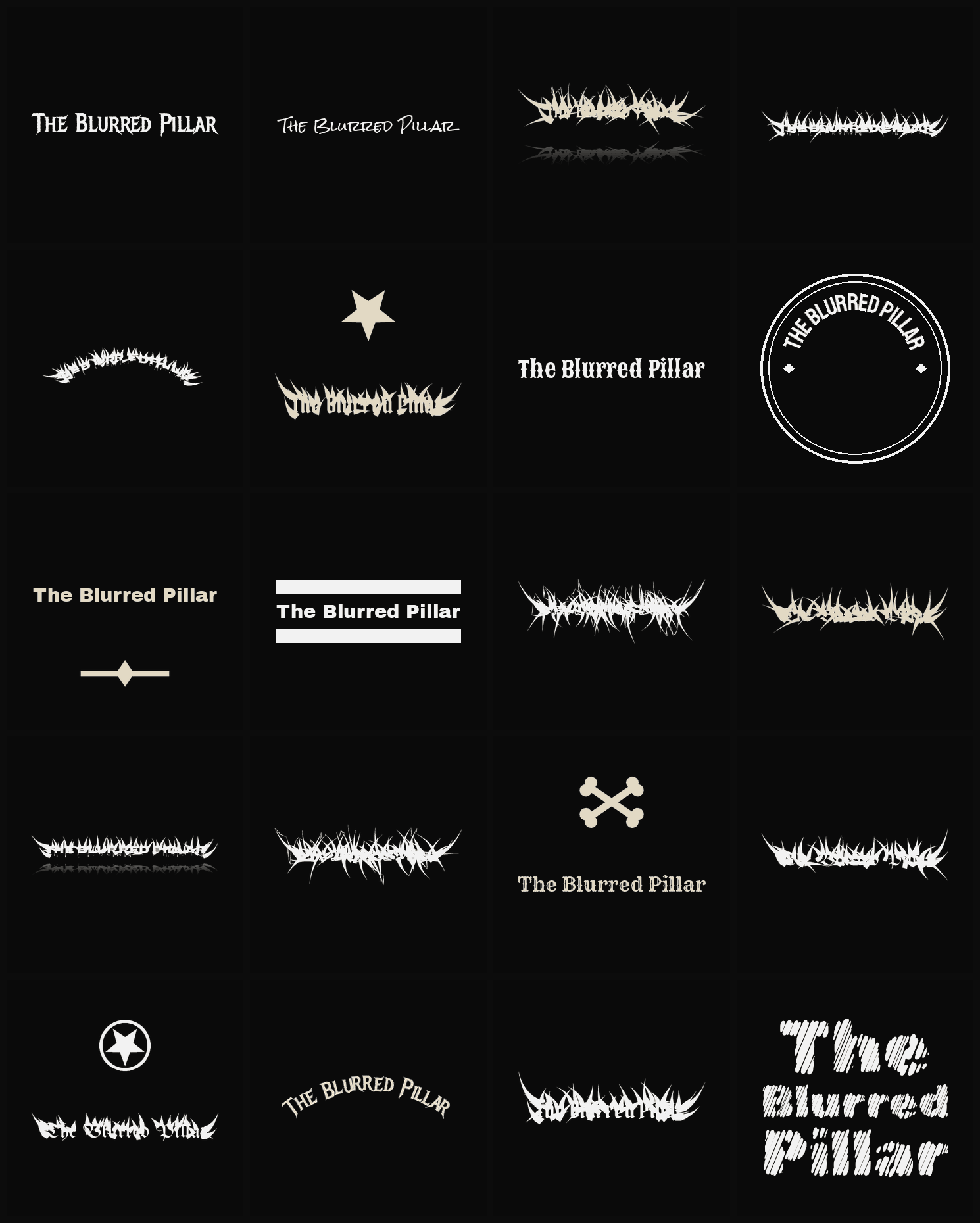 Twenty The Blurred Pillar band logo ideas — different faces, treatments and spike settings