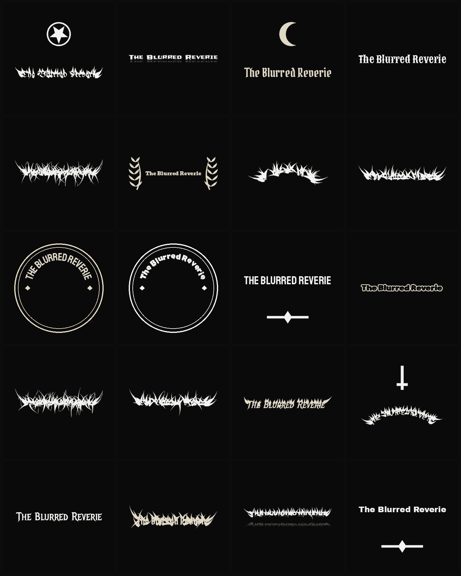 Twenty The Blurred Reverie band logo ideas — different faces, treatments and spike settings