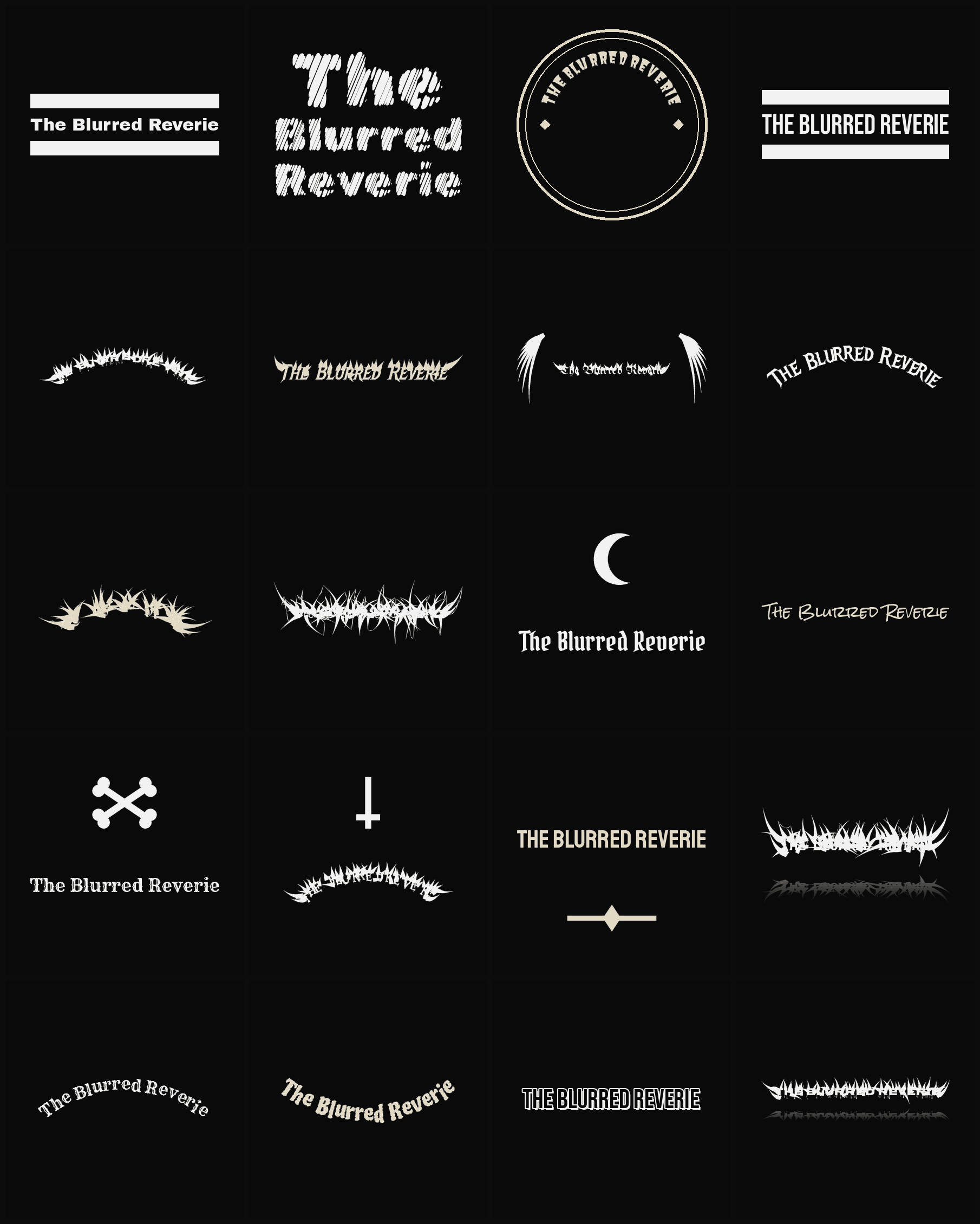 Twenty The Blurred Reverie band logo ideas — different faces, treatments and spike settings