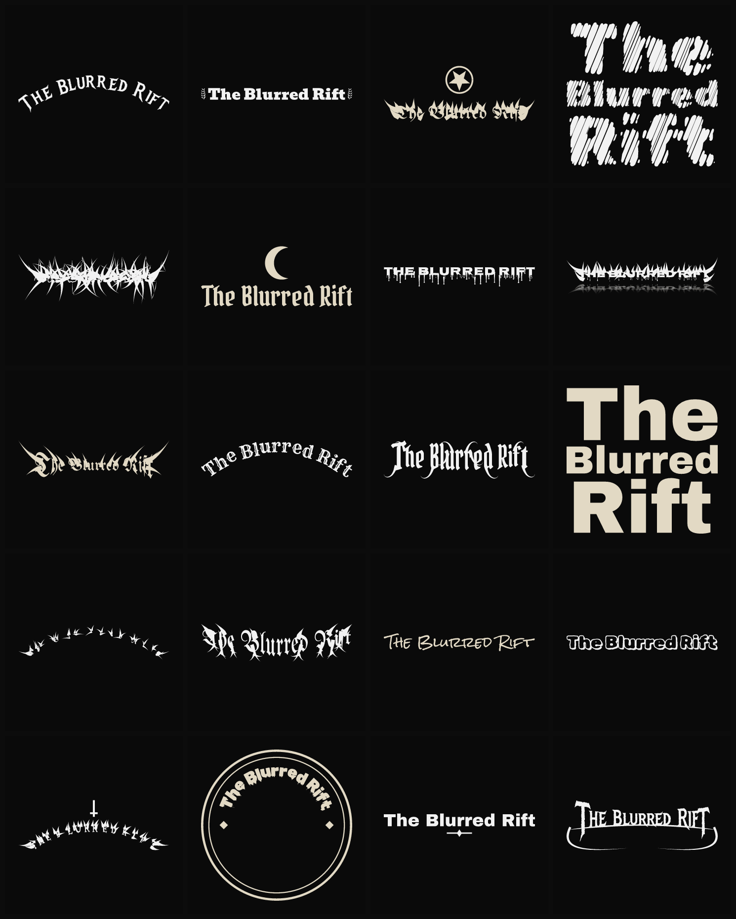 Twenty The Blurred Rift band logo ideas — different faces, treatments and spike settings