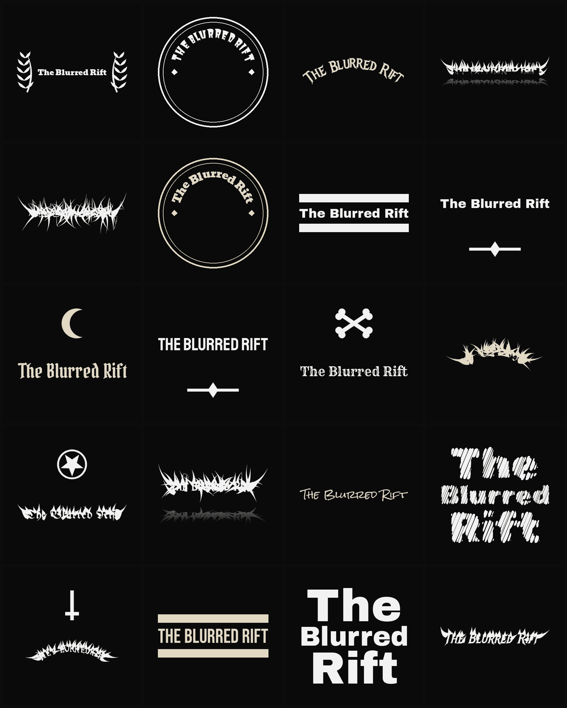 Twenty The Blurred Rift band logo ideas — different faces, treatments and spike settings