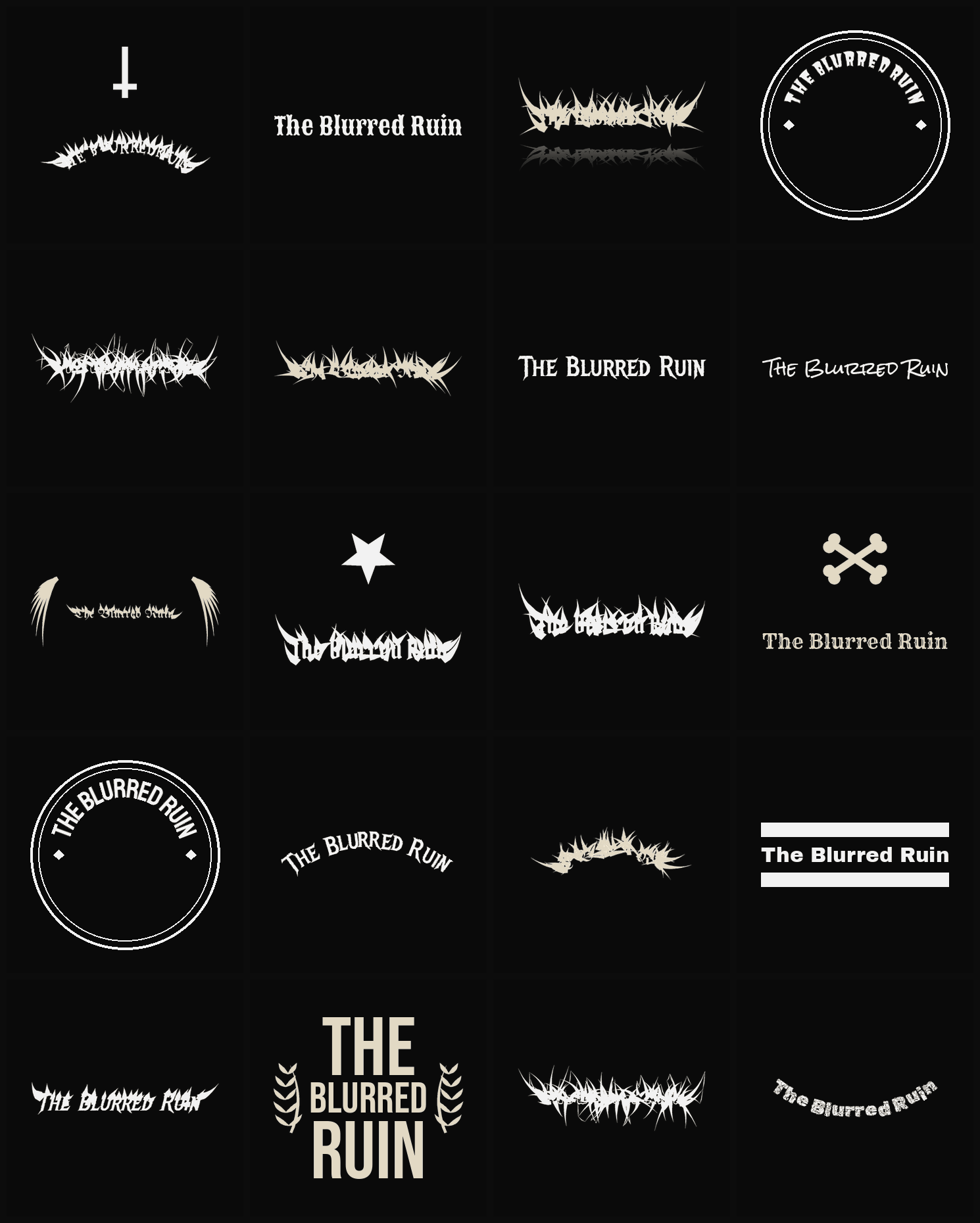 Twenty The Blurred Ruin band logo ideas — different faces, treatments and spike settings