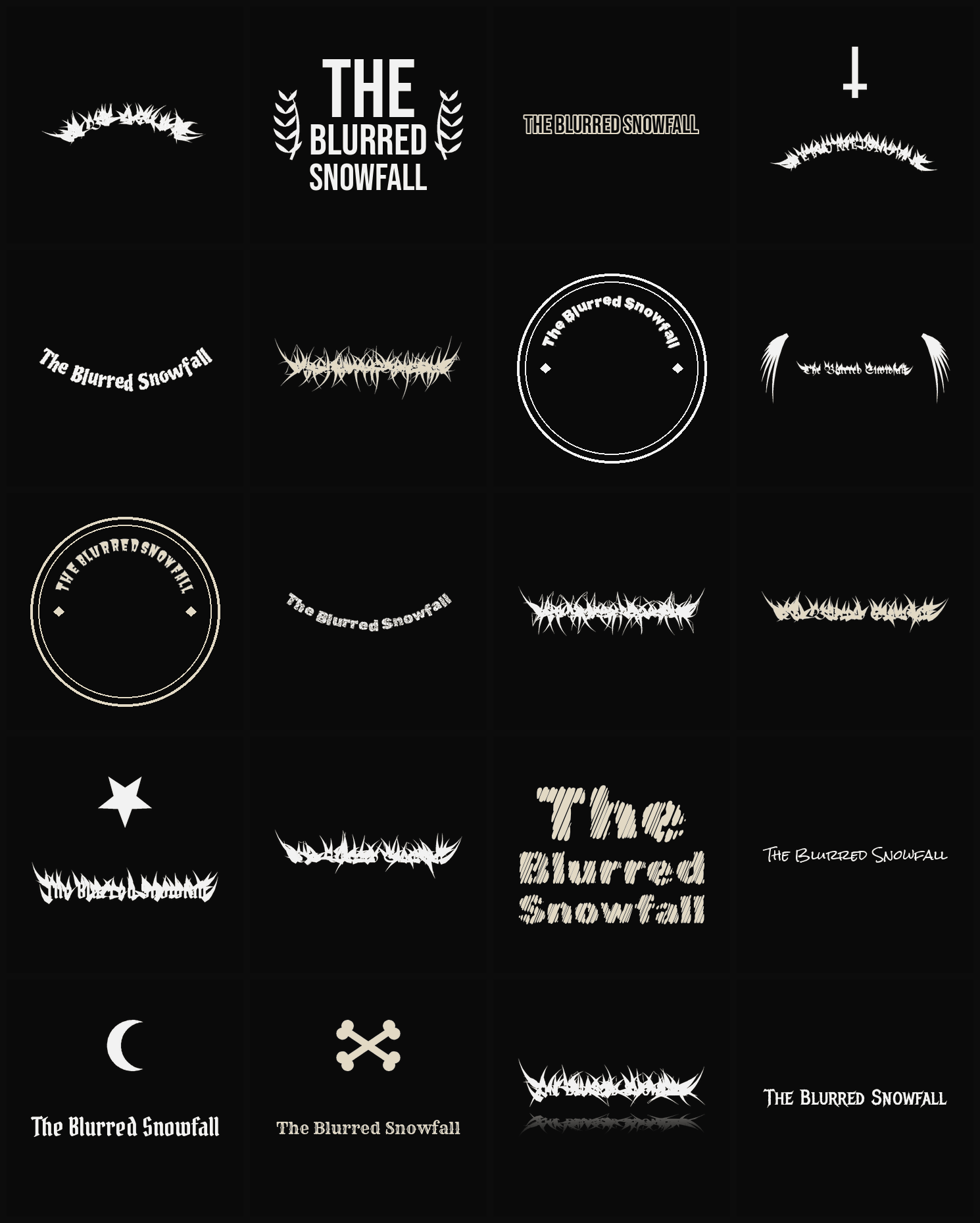 Twenty The Blurred Snowfall band logo ideas — different faces, treatments and spike settings