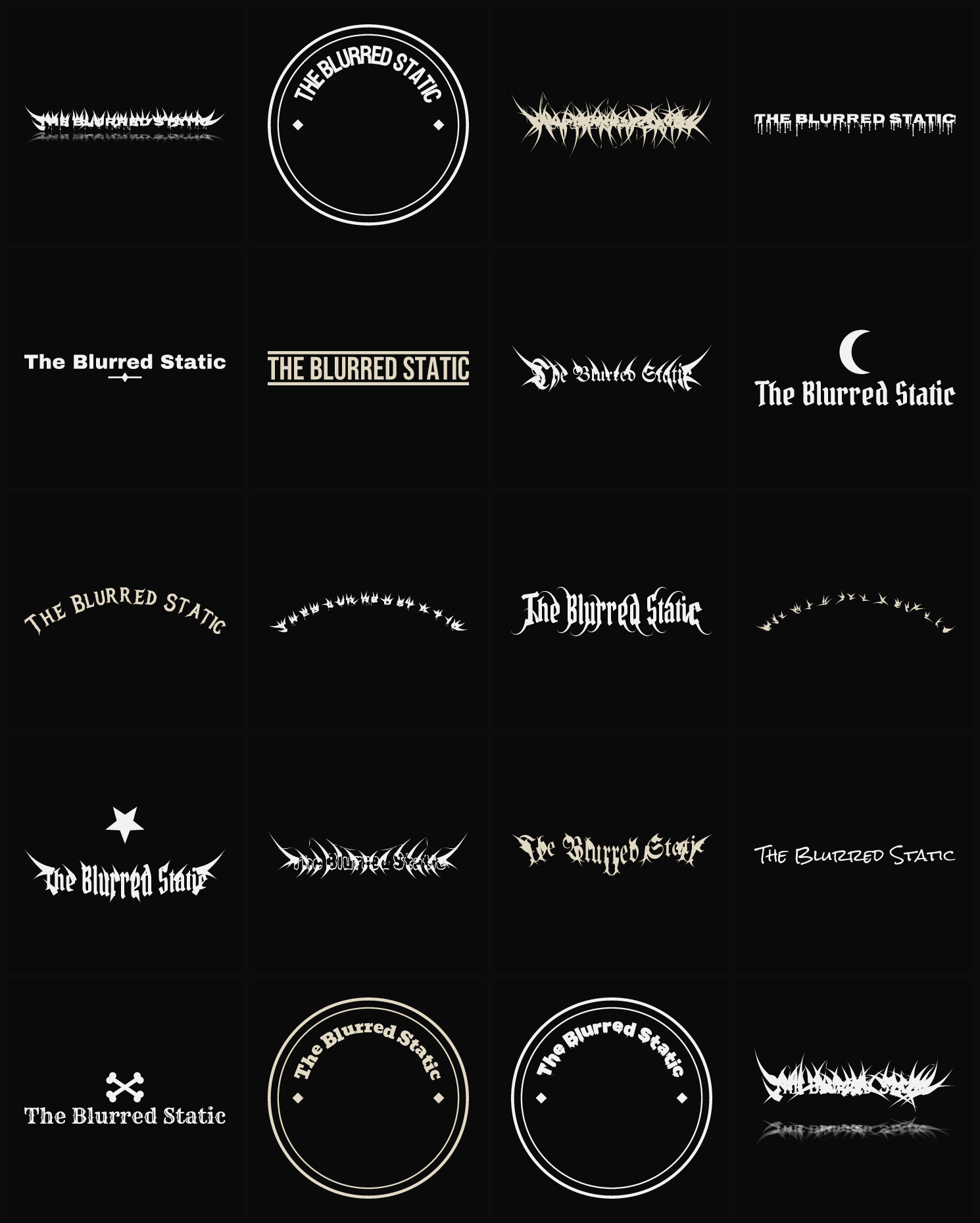 Twenty The Blurred Static band logo ideas — different faces, treatments and spike settings