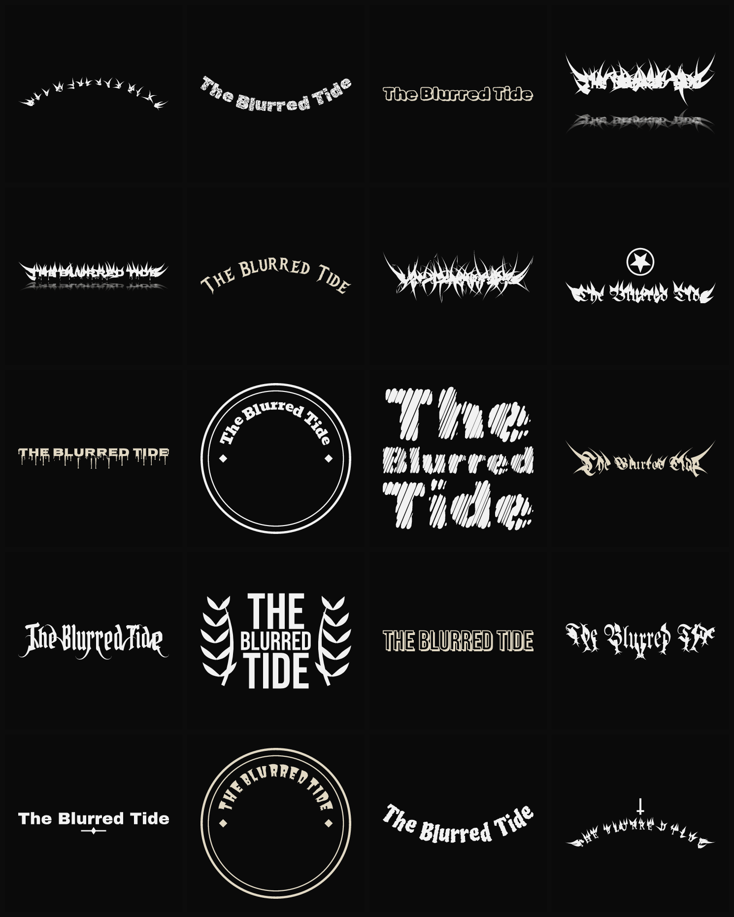 Twenty The Blurred Tide band logo ideas — different faces, treatments and spike settings
