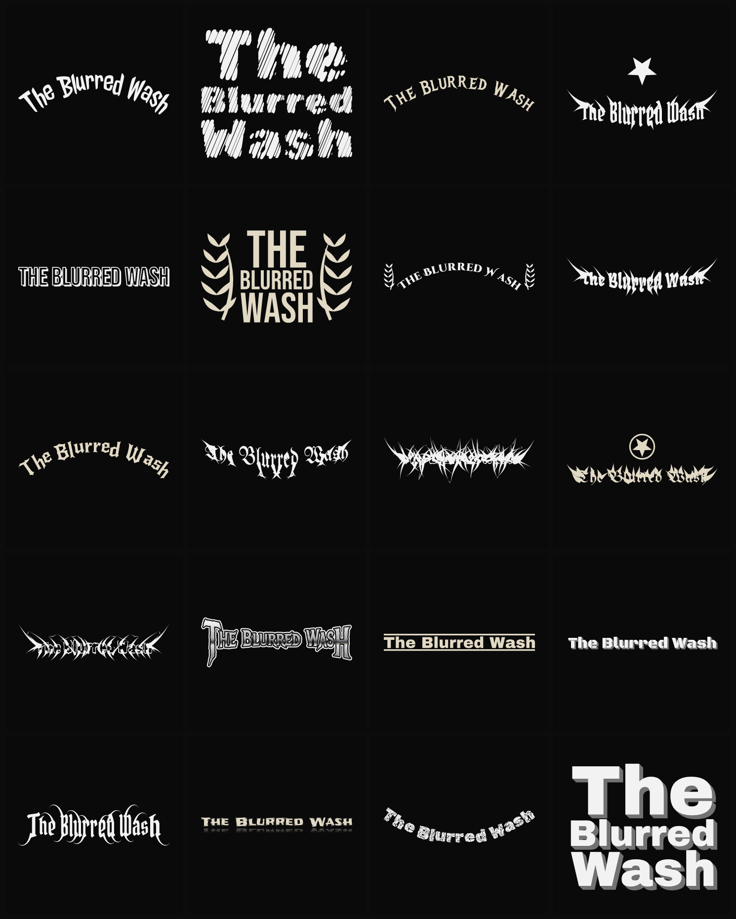 Twenty The Blurred Wash band logo ideas — different faces, treatments and spike settings