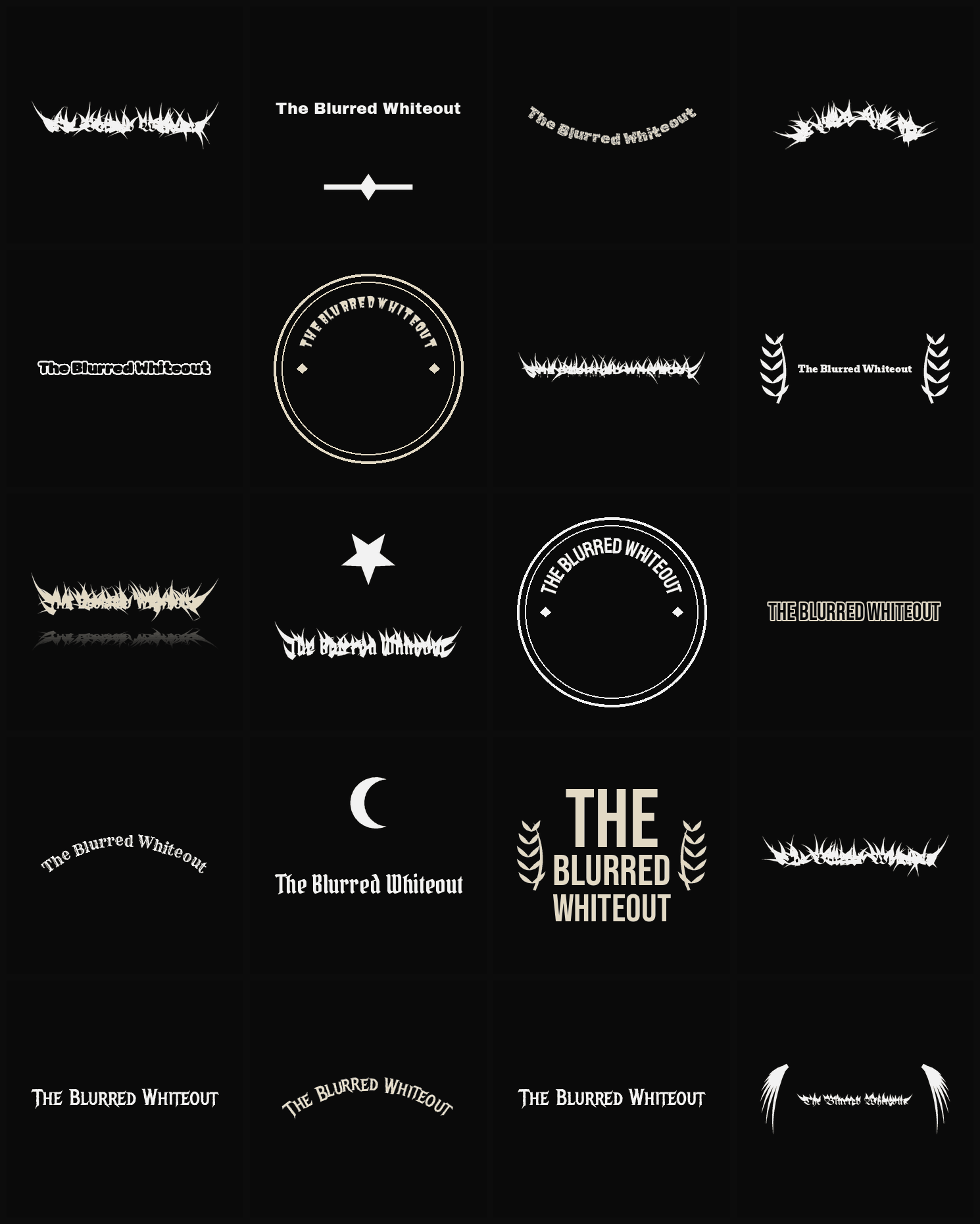 Twenty The Blurred Whiteout band logo ideas — different faces, treatments and spike settings