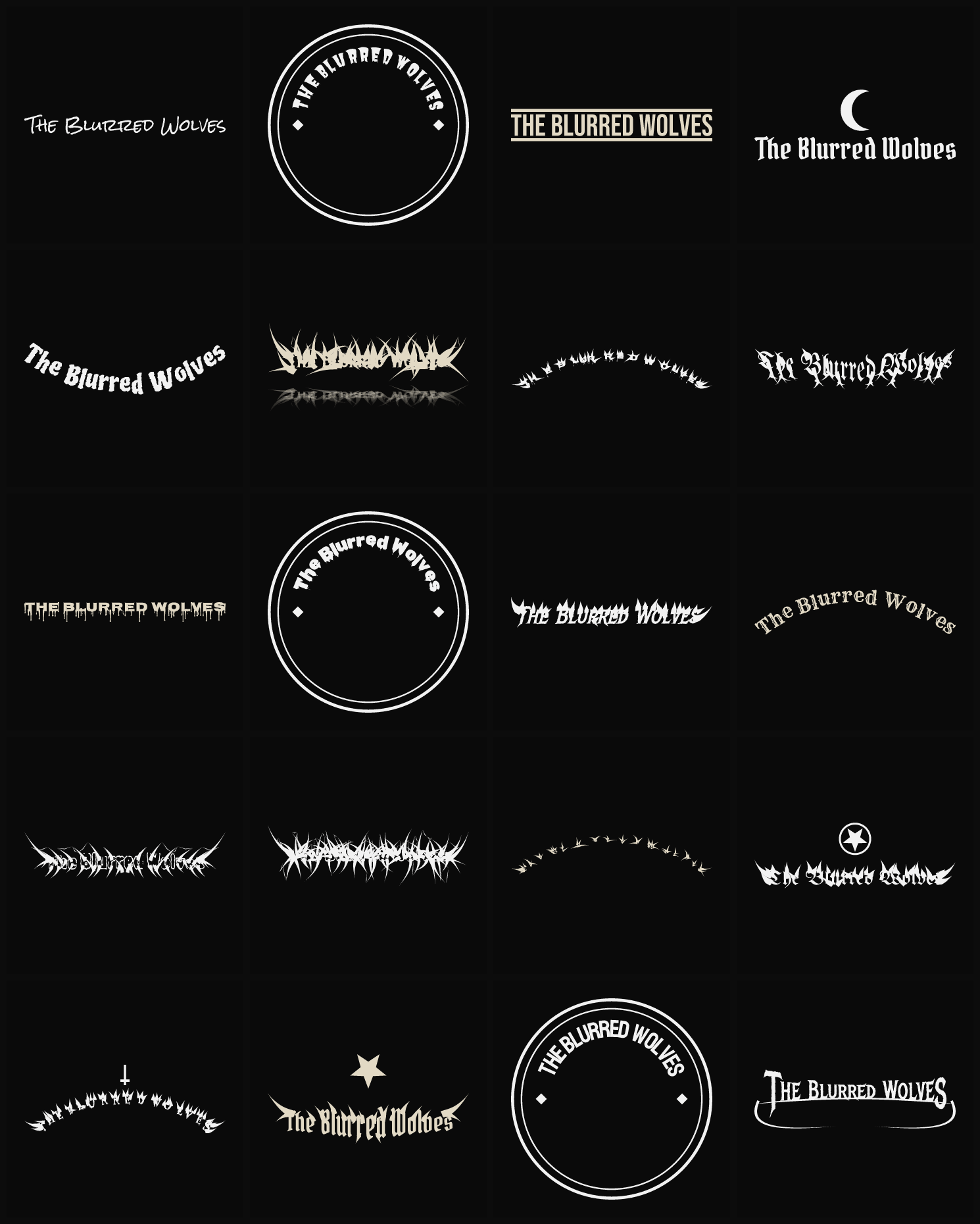Twenty The Blurred Wolves band logo ideas — different faces, treatments and spike settings