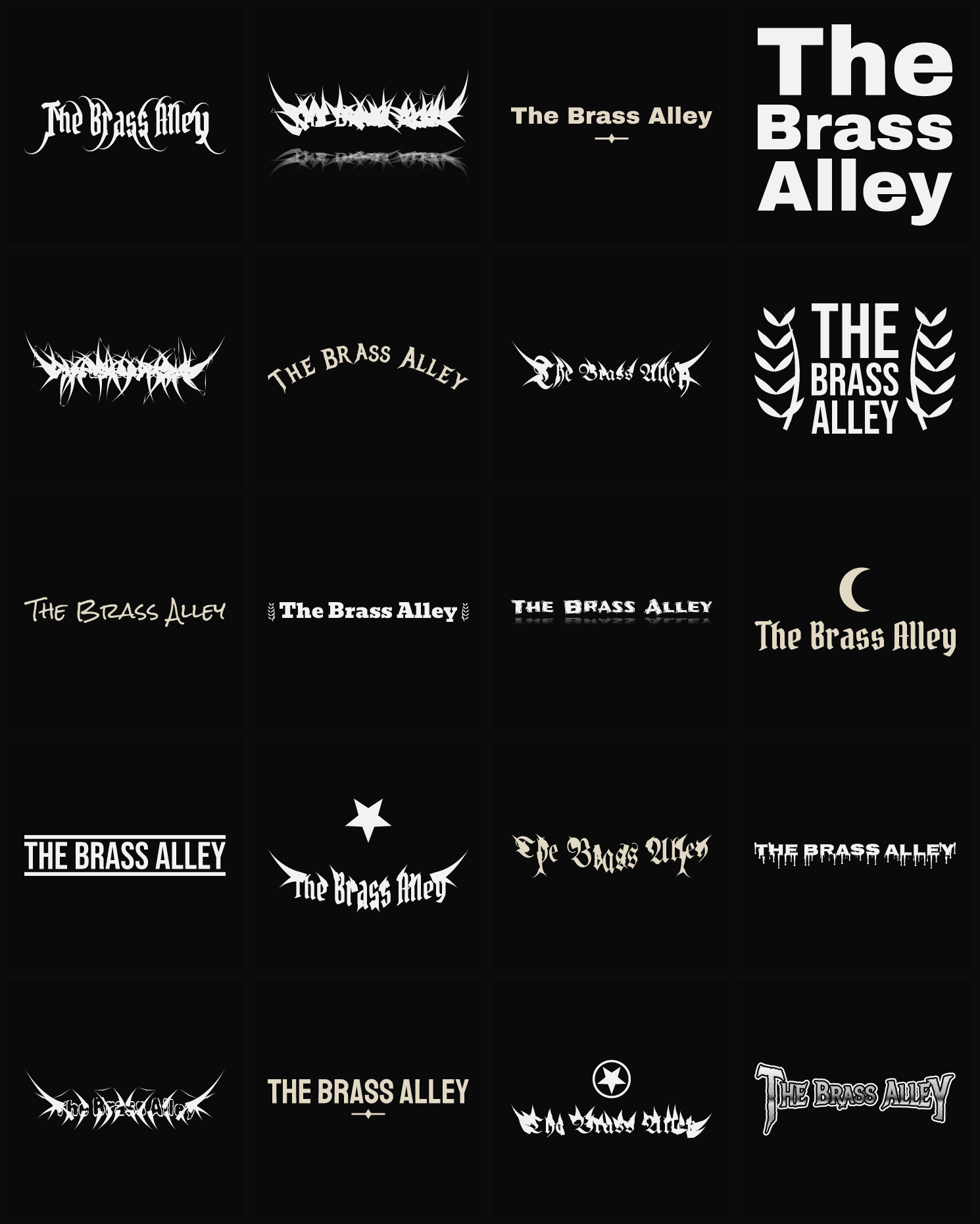 Twenty The Brass Alley band logo ideas — different faces, treatments and spike settings