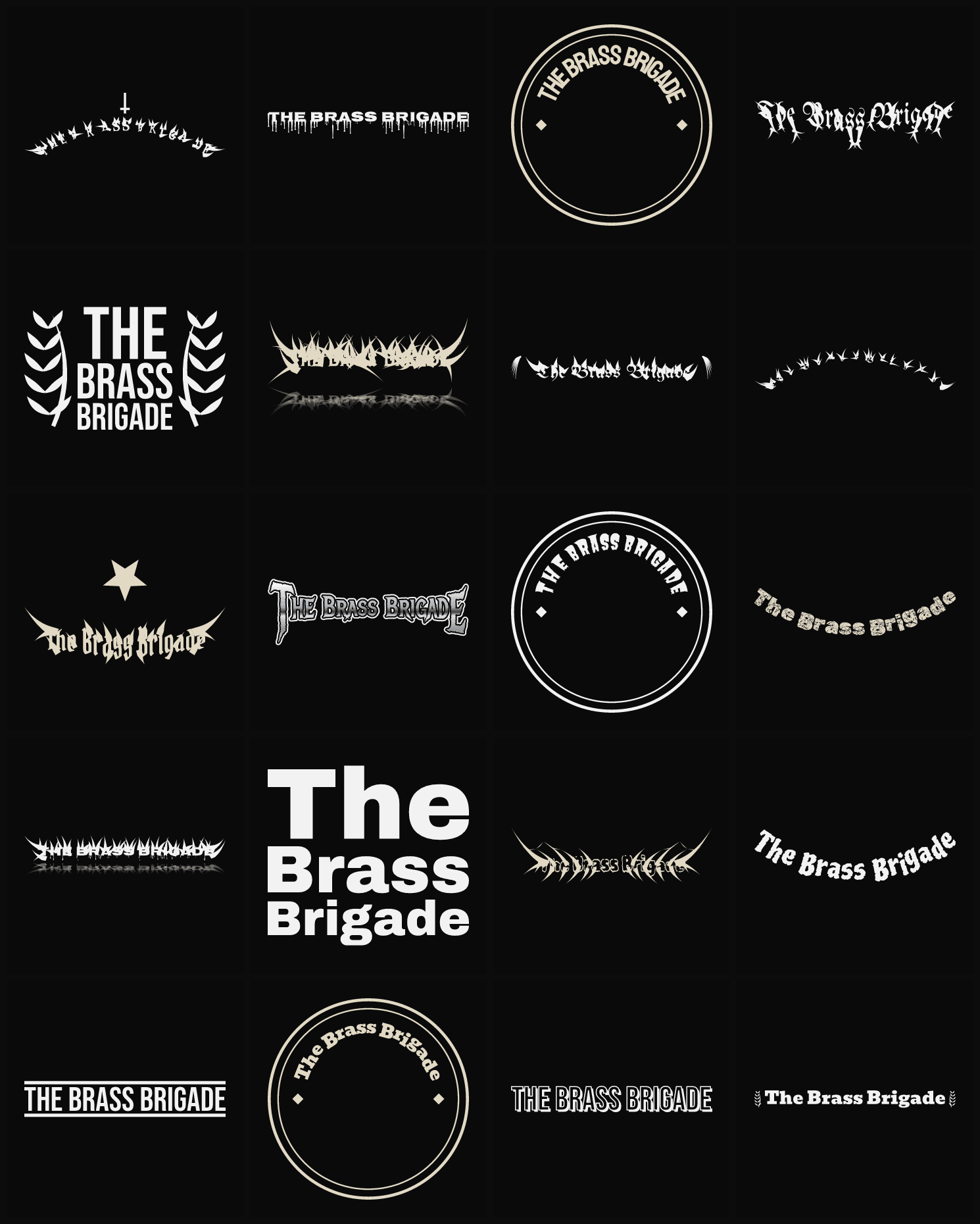 Twenty The Brass Brigade band logo ideas — different faces, treatments and spike settings