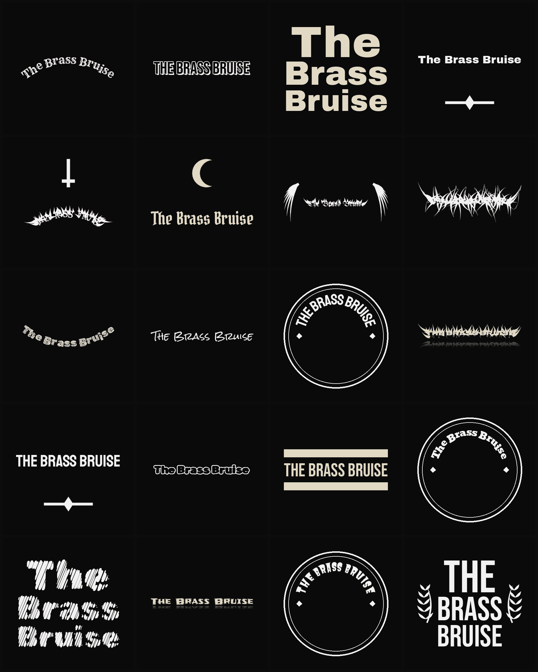 Twenty The Brass Bruise band logo ideas — different faces, treatments and spike settings