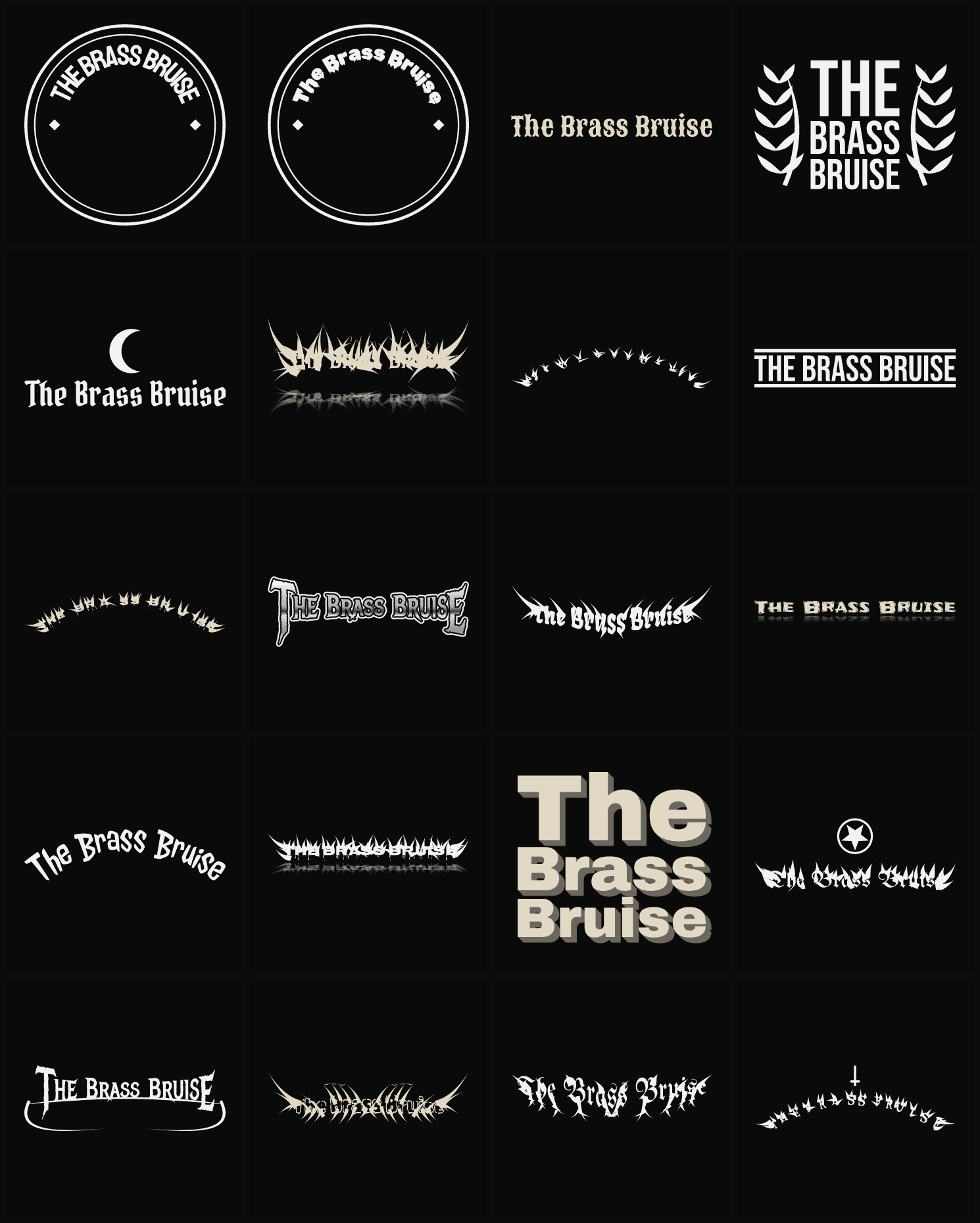 Twenty The Brass Bruise band logo ideas — different faces, treatments and spike settings