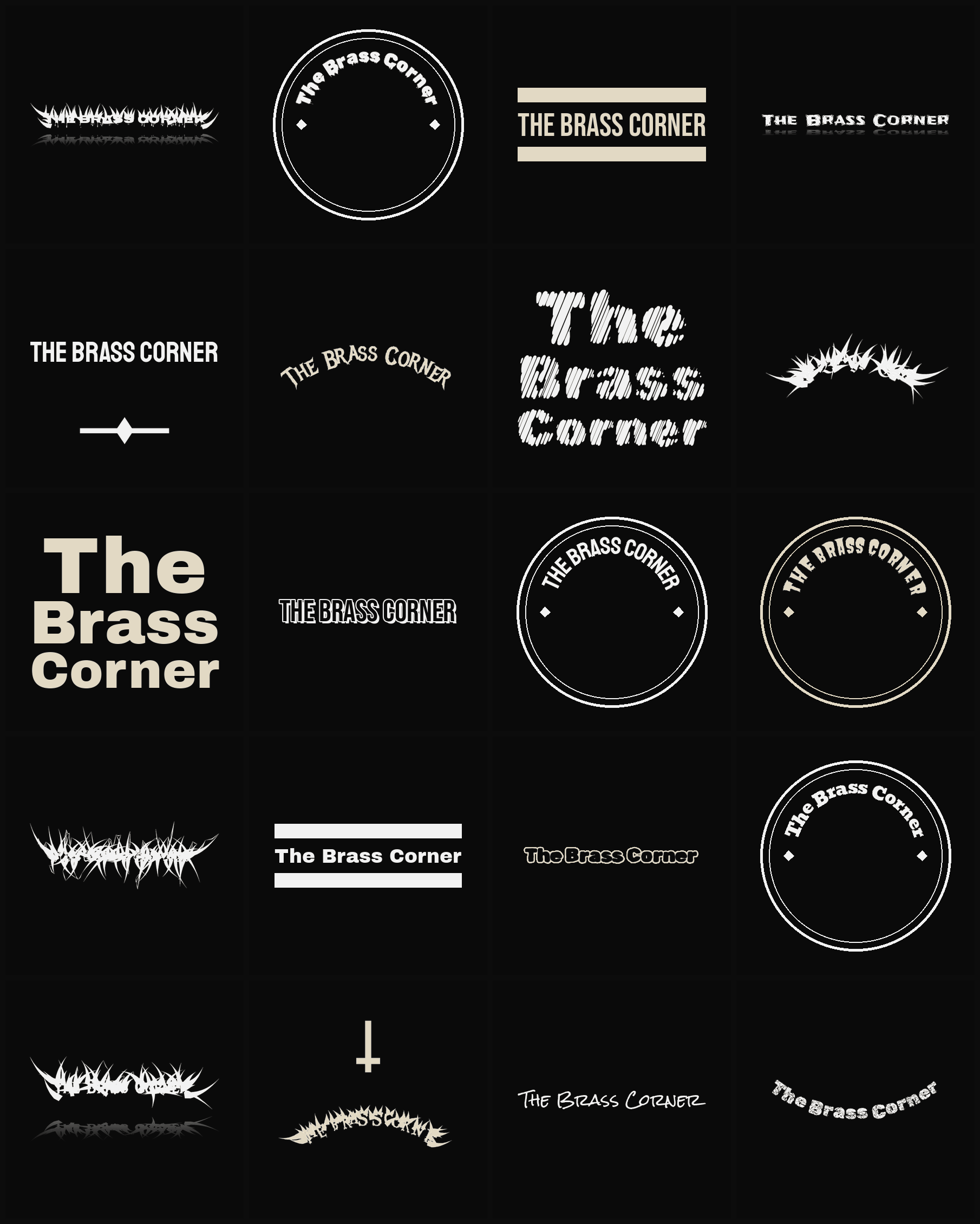 Twenty The Brass Corner band logo ideas — different faces, treatments and spike settings