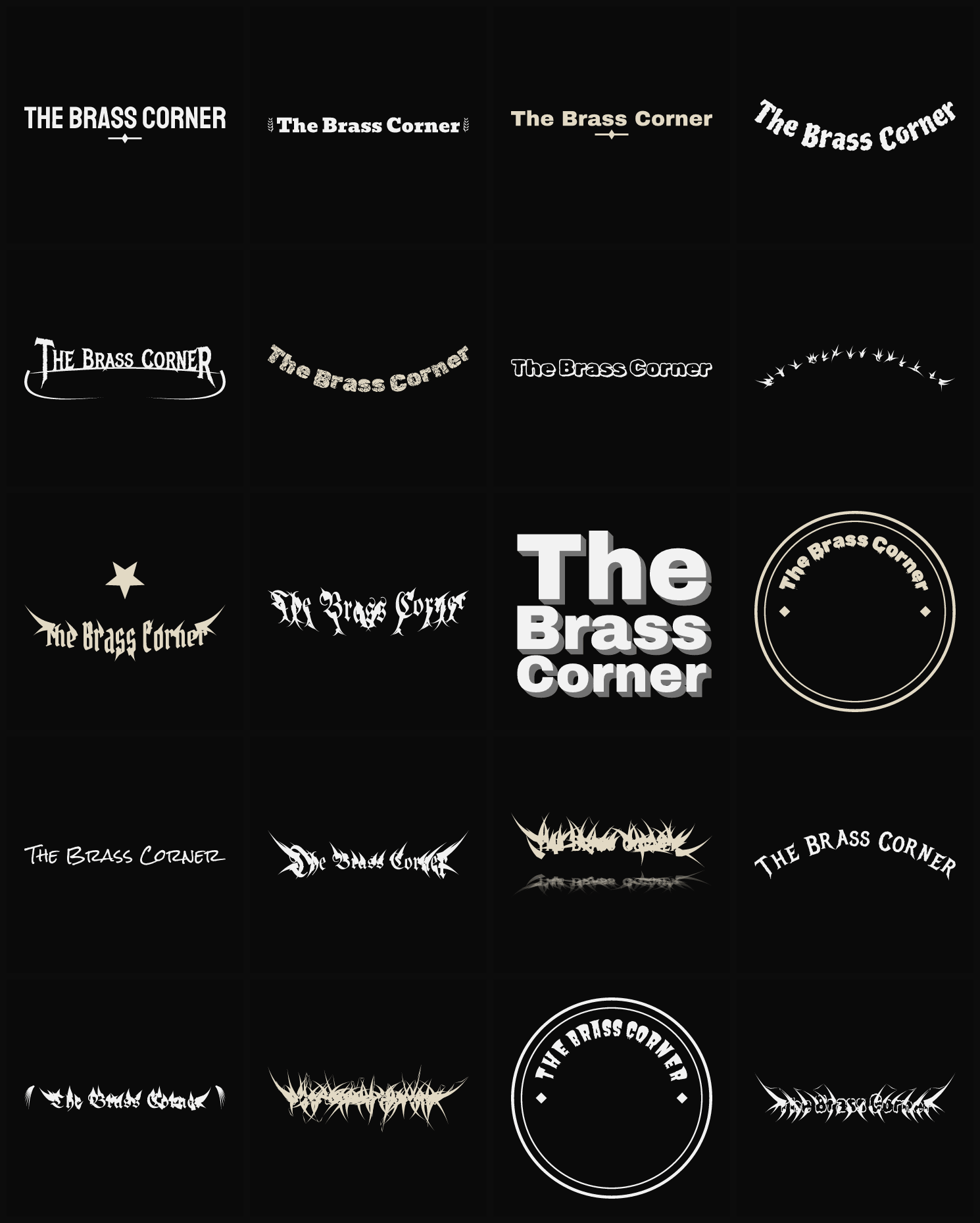 Twenty The Brass Corner band logo ideas — different faces, treatments and spike settings