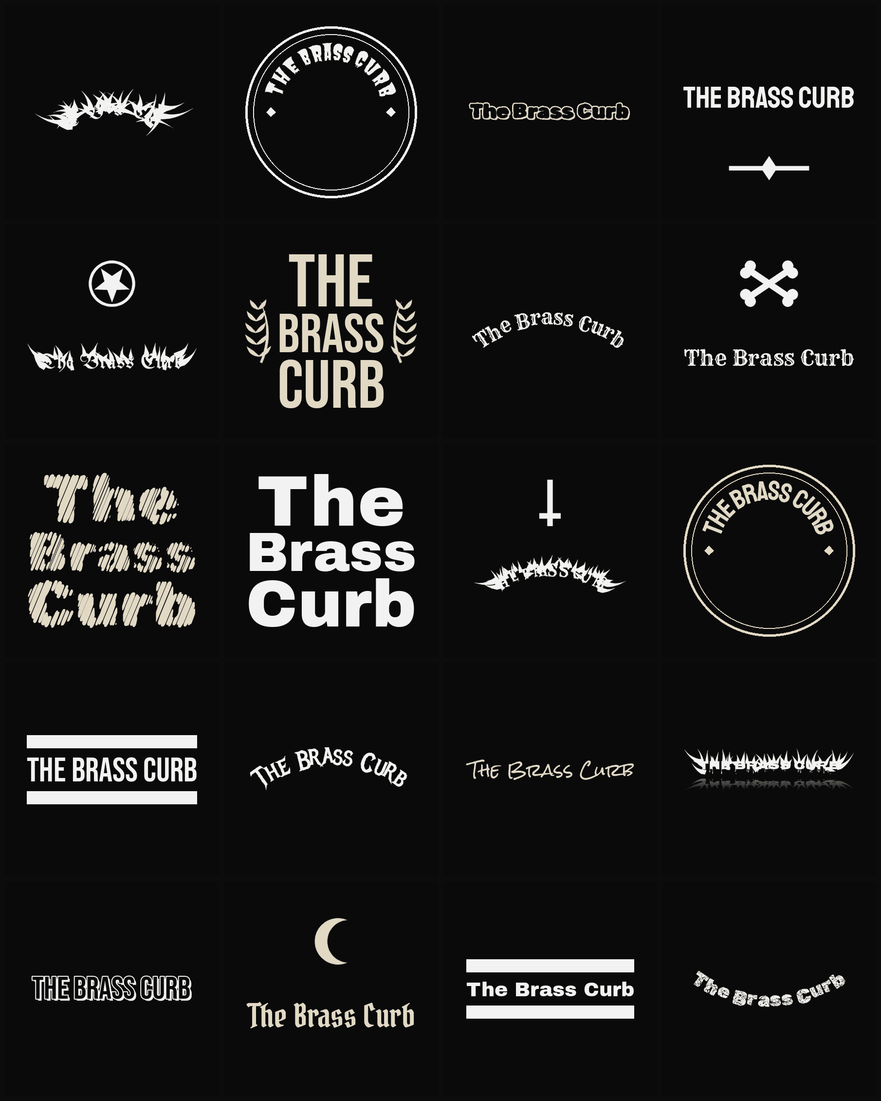 Twenty The Brass Curb band logo ideas — different faces, treatments and spike settings