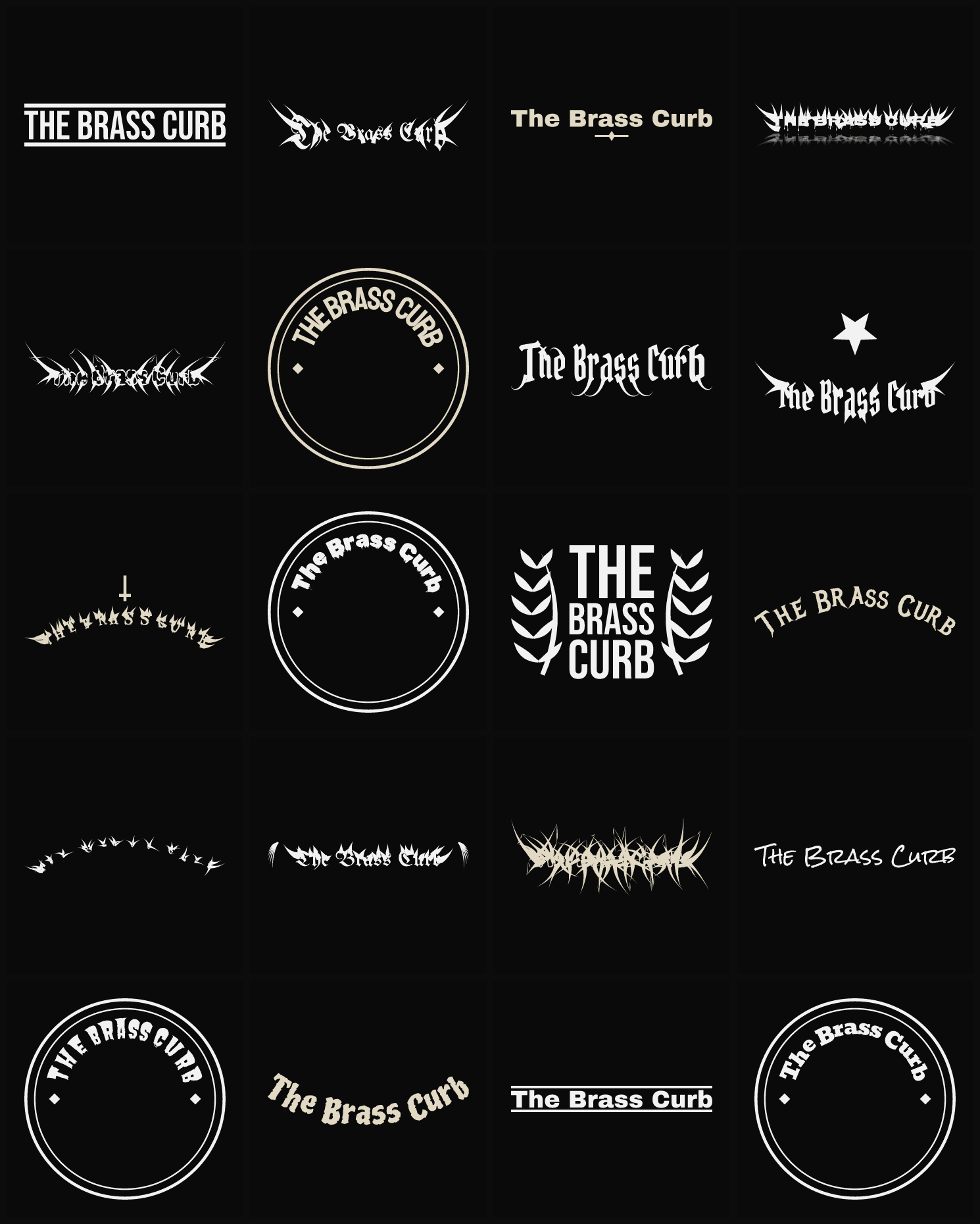 Twenty The Brass Curb band logo ideas — different faces, treatments and spike settings