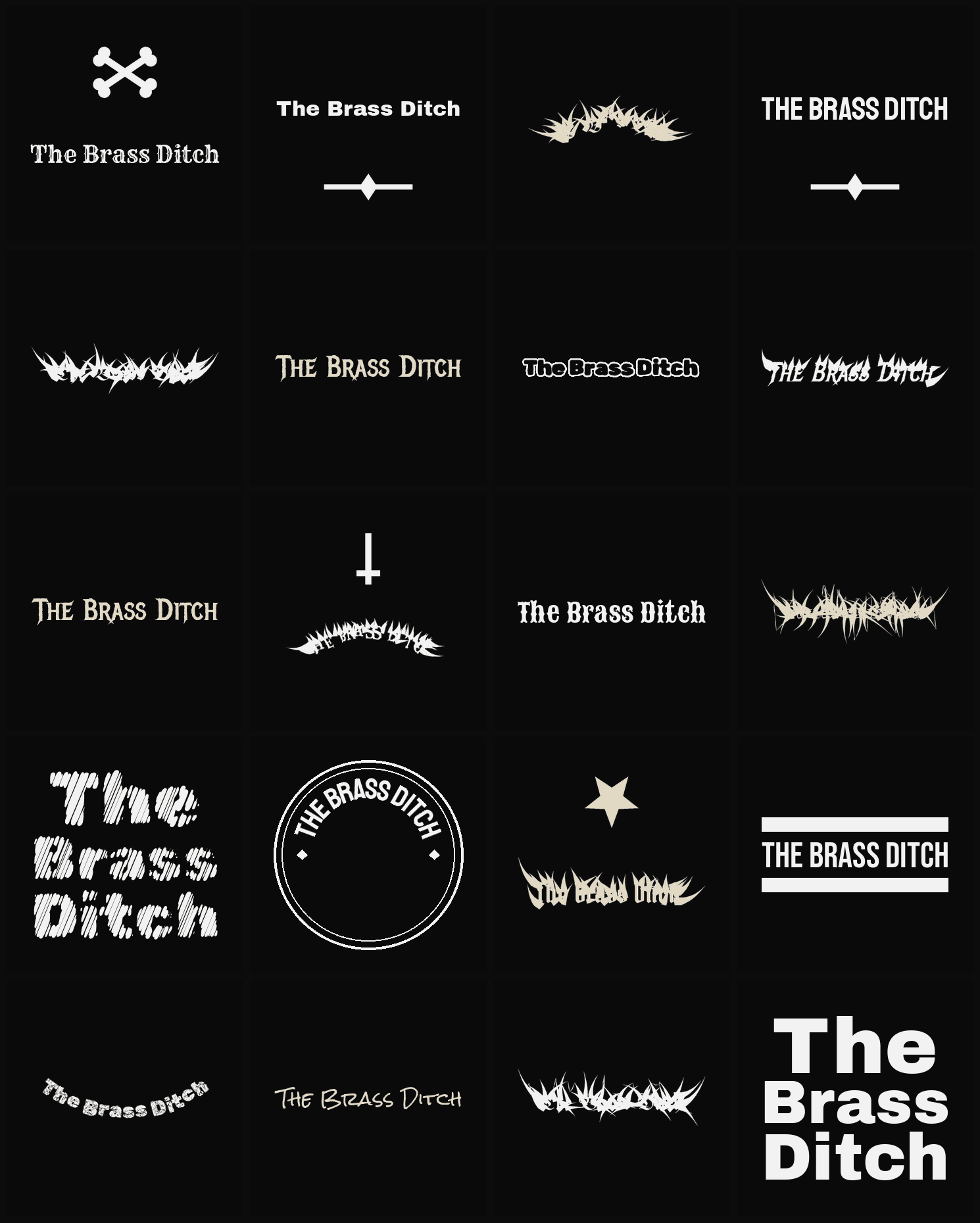 Twenty The Brass Ditch band logo ideas — different faces, treatments and spike settings