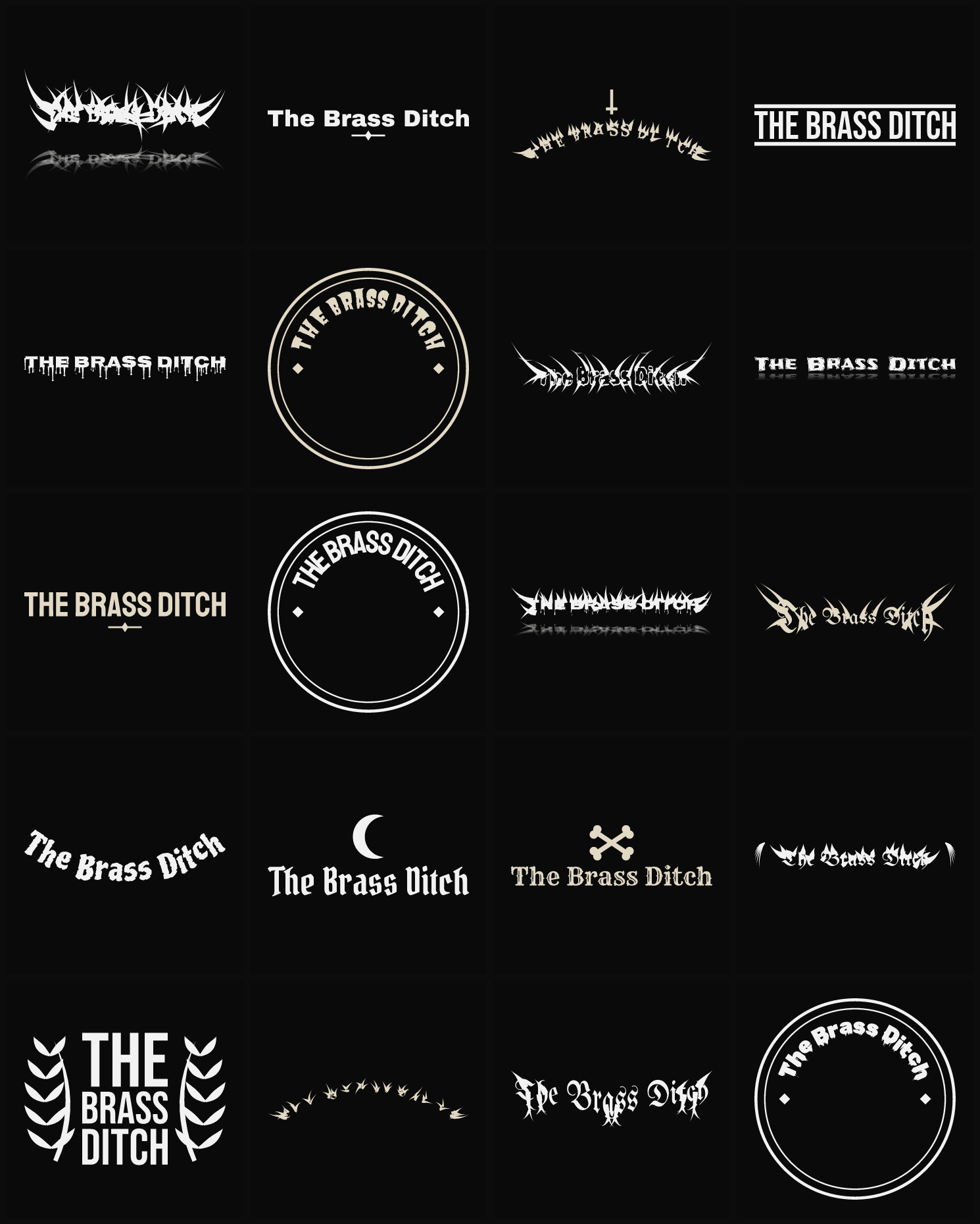 Twenty The Brass Ditch band logo ideas — different faces, treatments and spike settings