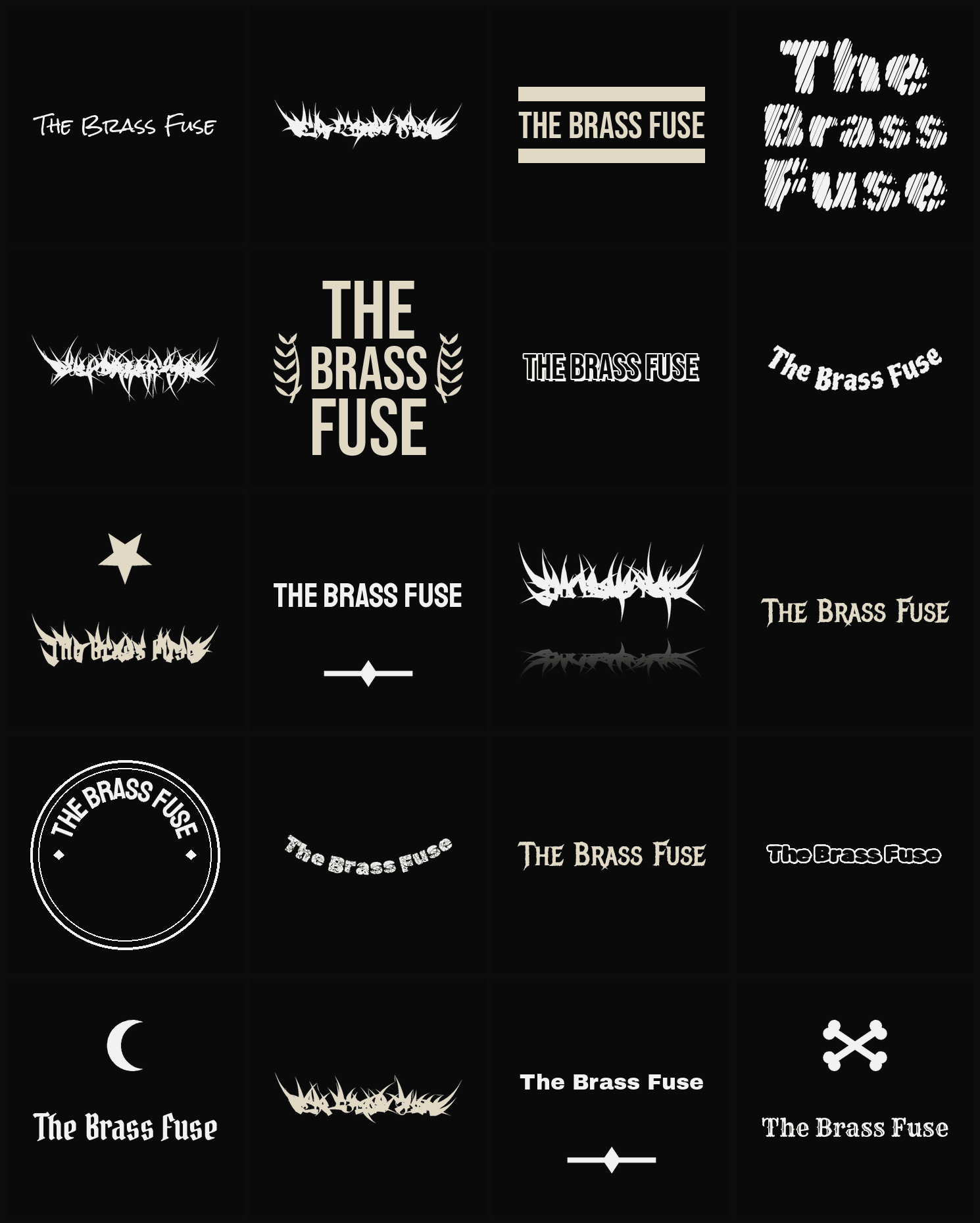 Twenty The Brass Fuse band logo ideas — different faces, treatments and spike settings