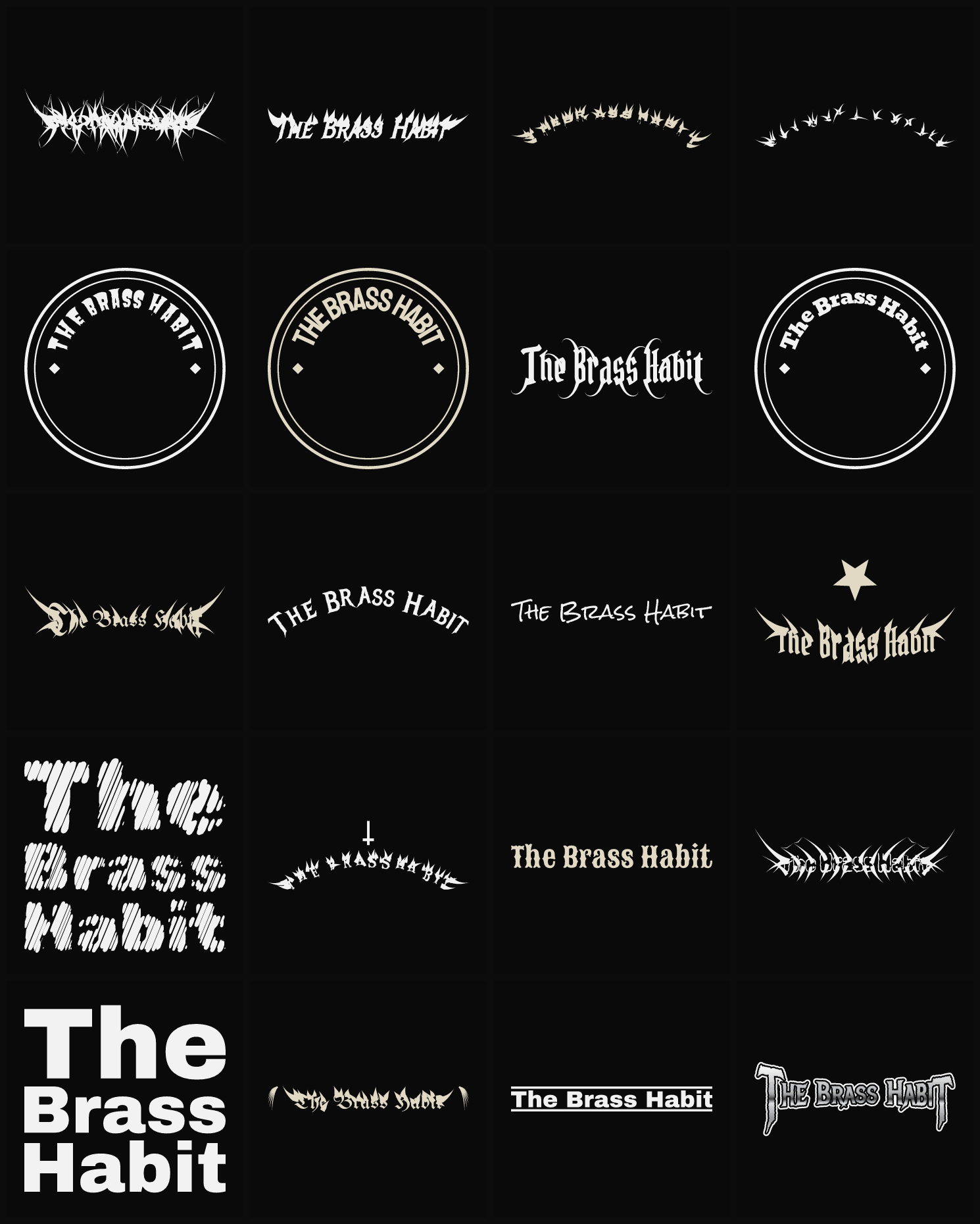 Twenty The Brass Habit band logo ideas — different faces, treatments and spike settings