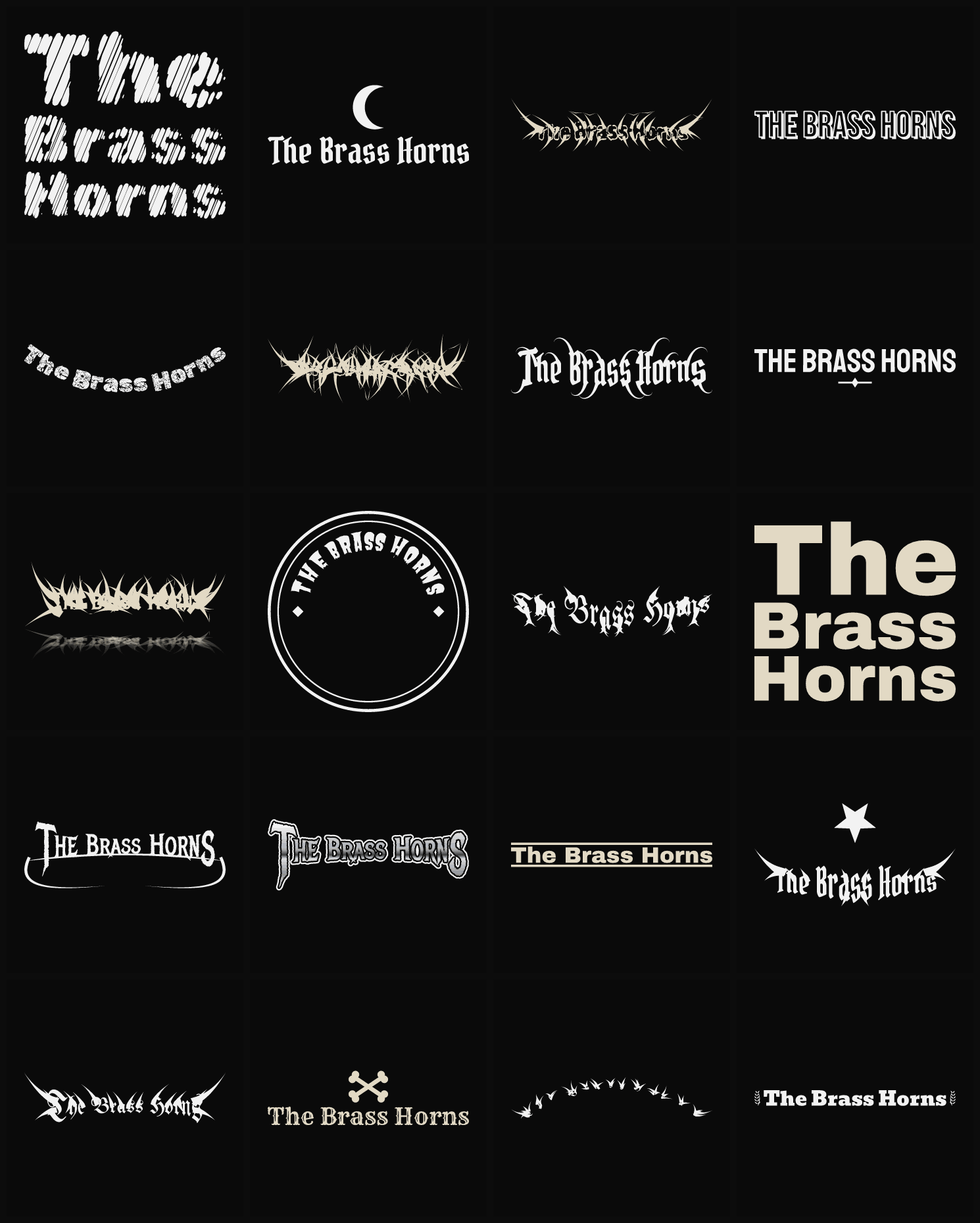 Twenty The Brass Horns band logo ideas — different faces, treatments and spike settings