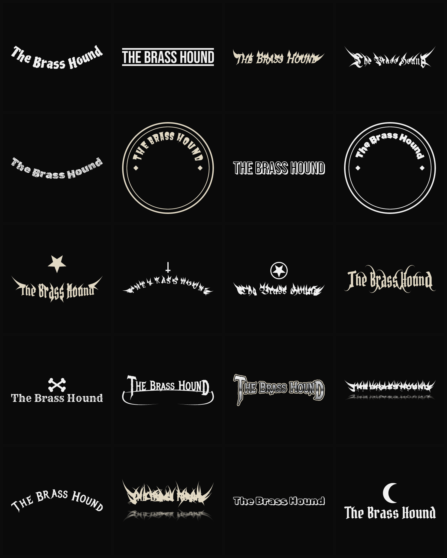 Twenty The Brass Hound band logo ideas — different faces, treatments and spike settings