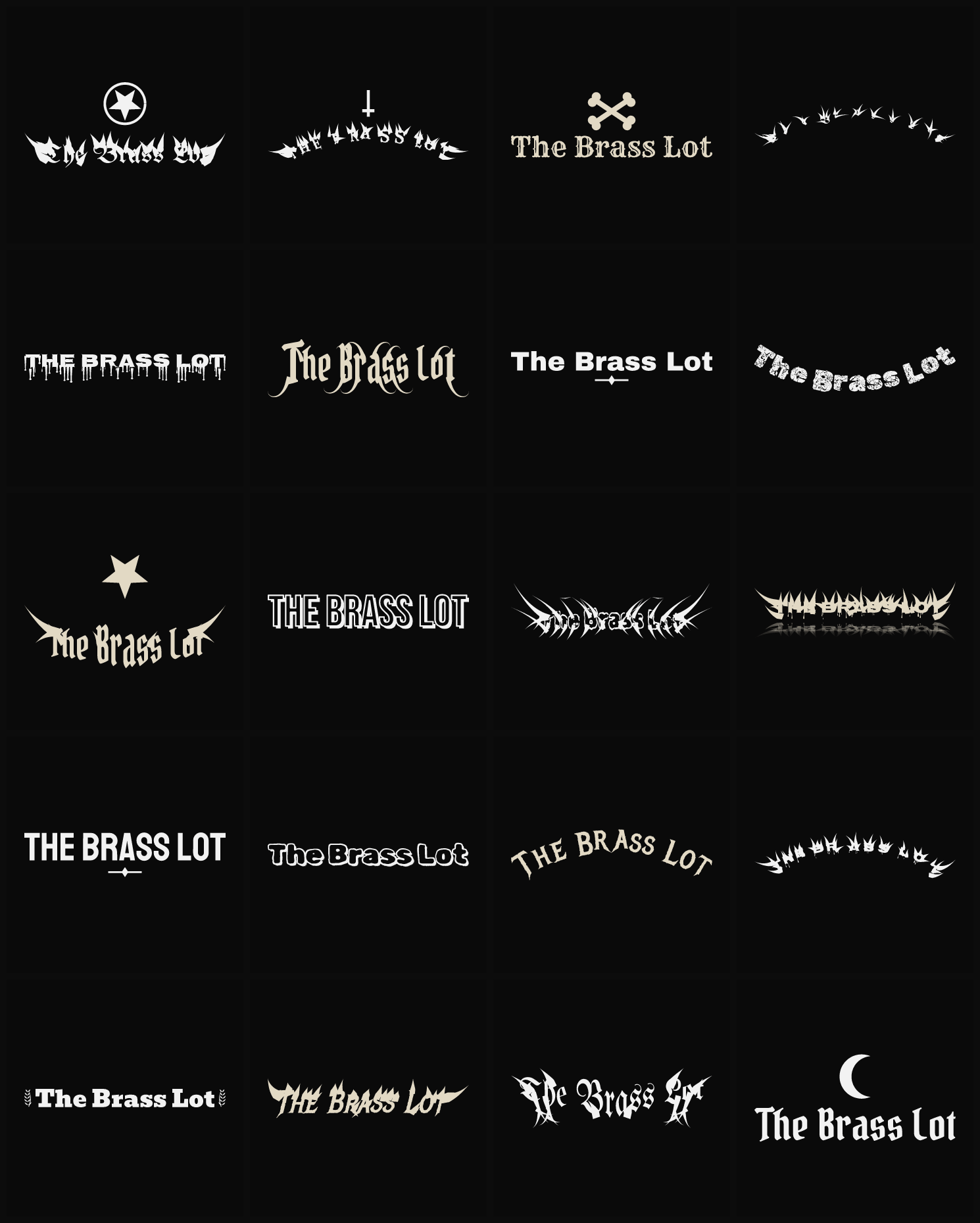 Twenty The Brass Lot band logo ideas — different faces, treatments and spike settings
