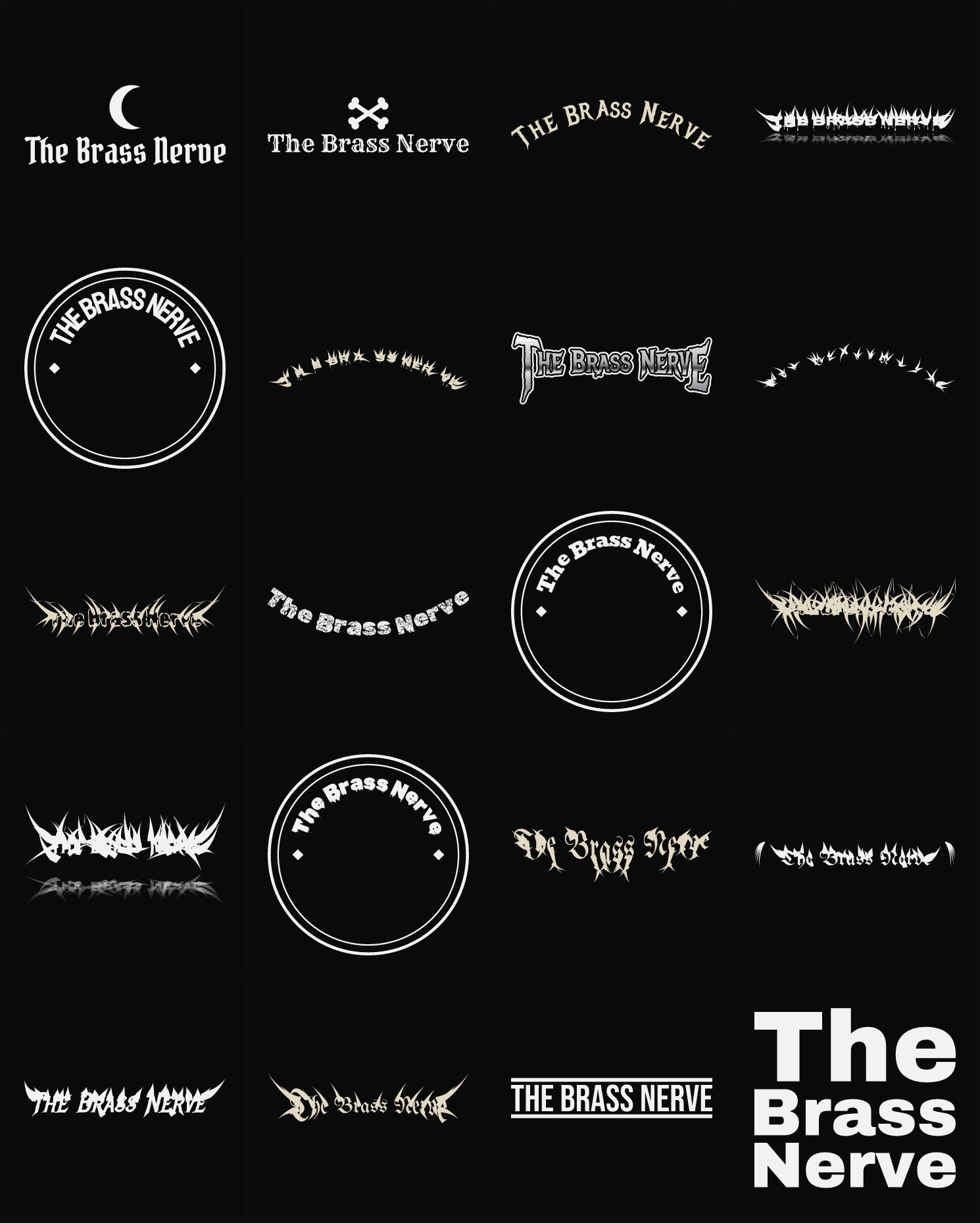 Twenty The Brass Nerve band logo ideas — different faces, treatments and spike settings