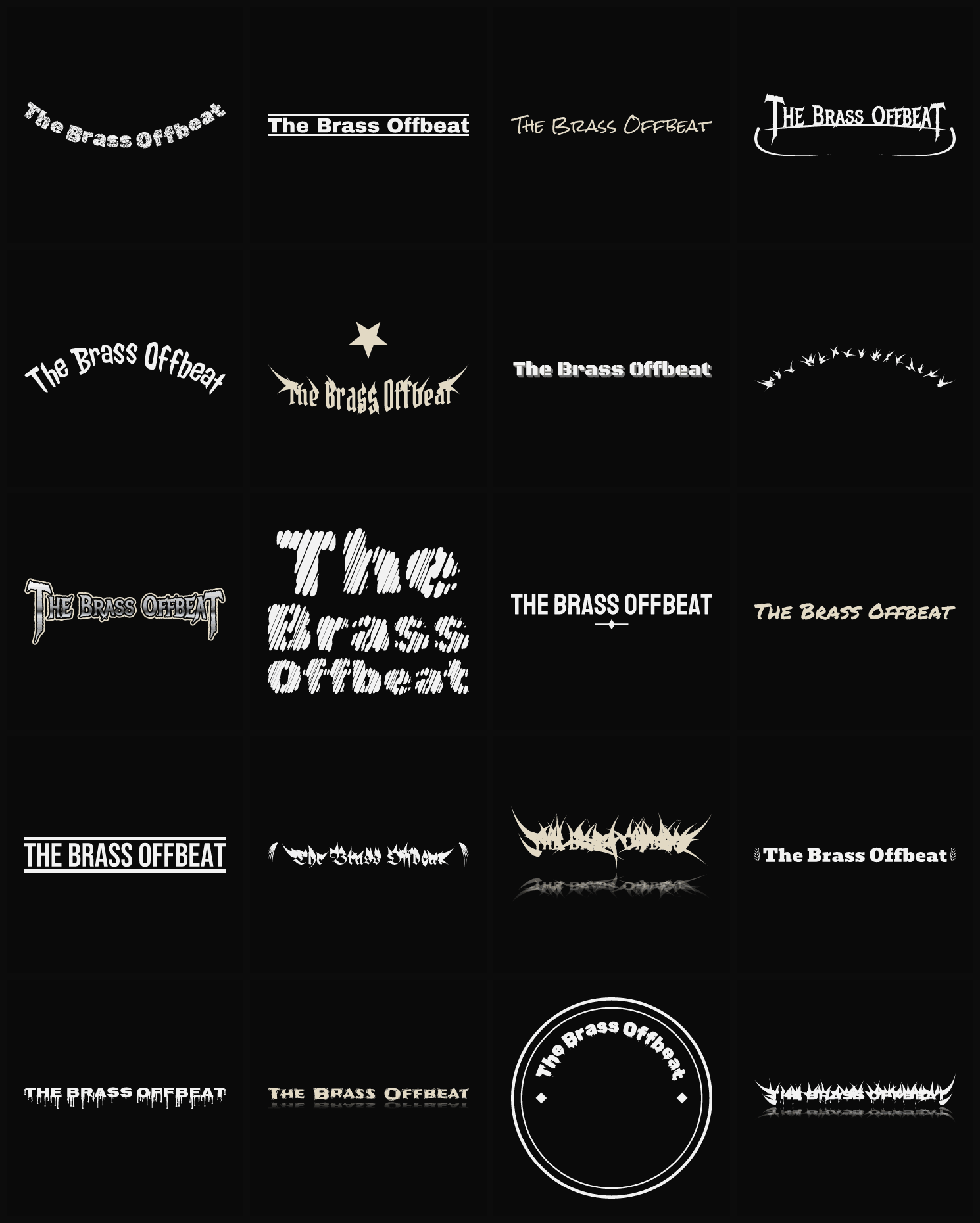 Twenty The Brass Offbeat band logo ideas — different faces, treatments and spike settings
