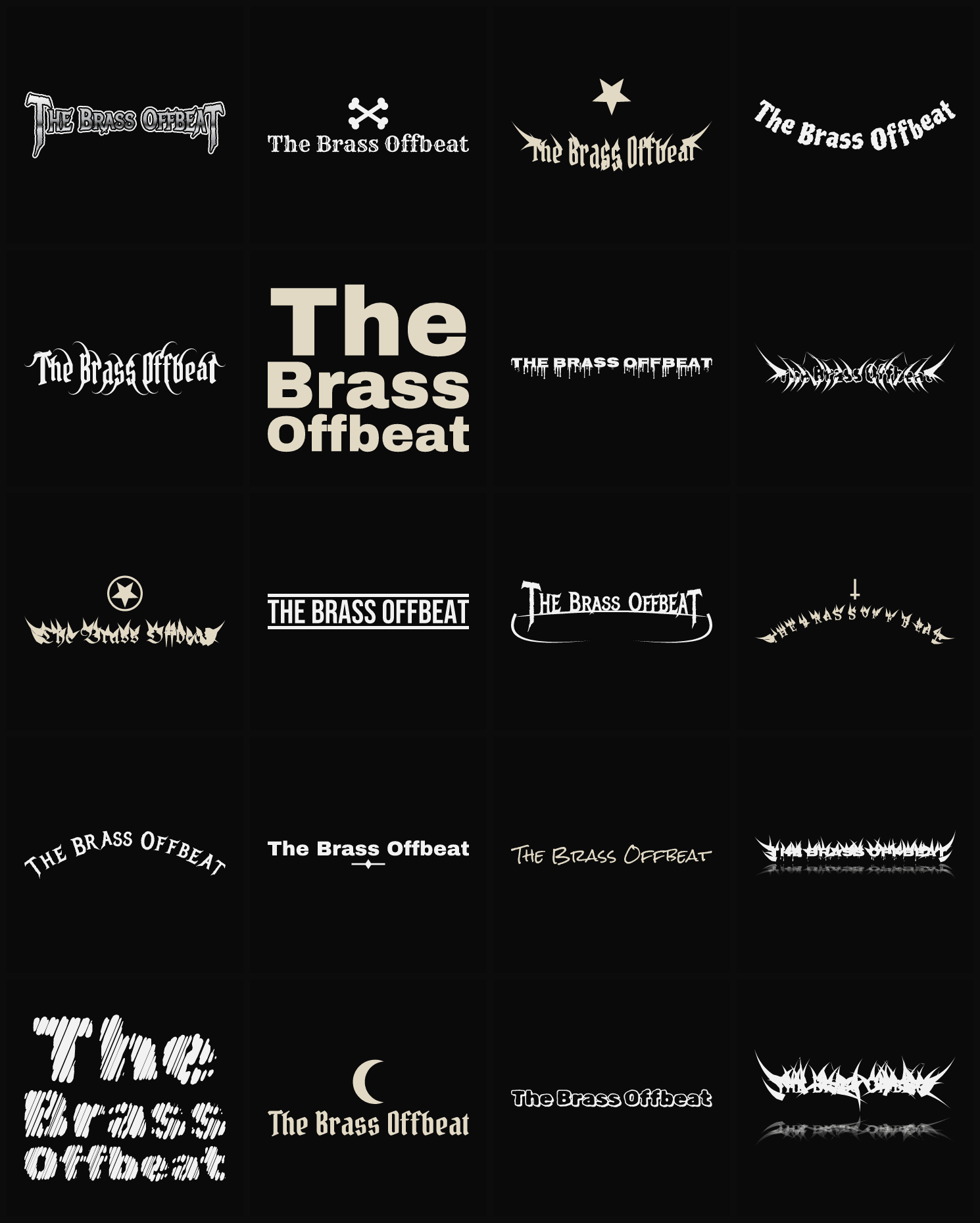 Twenty The Brass Offbeat band logo ideas — different faces, treatments and spike settings