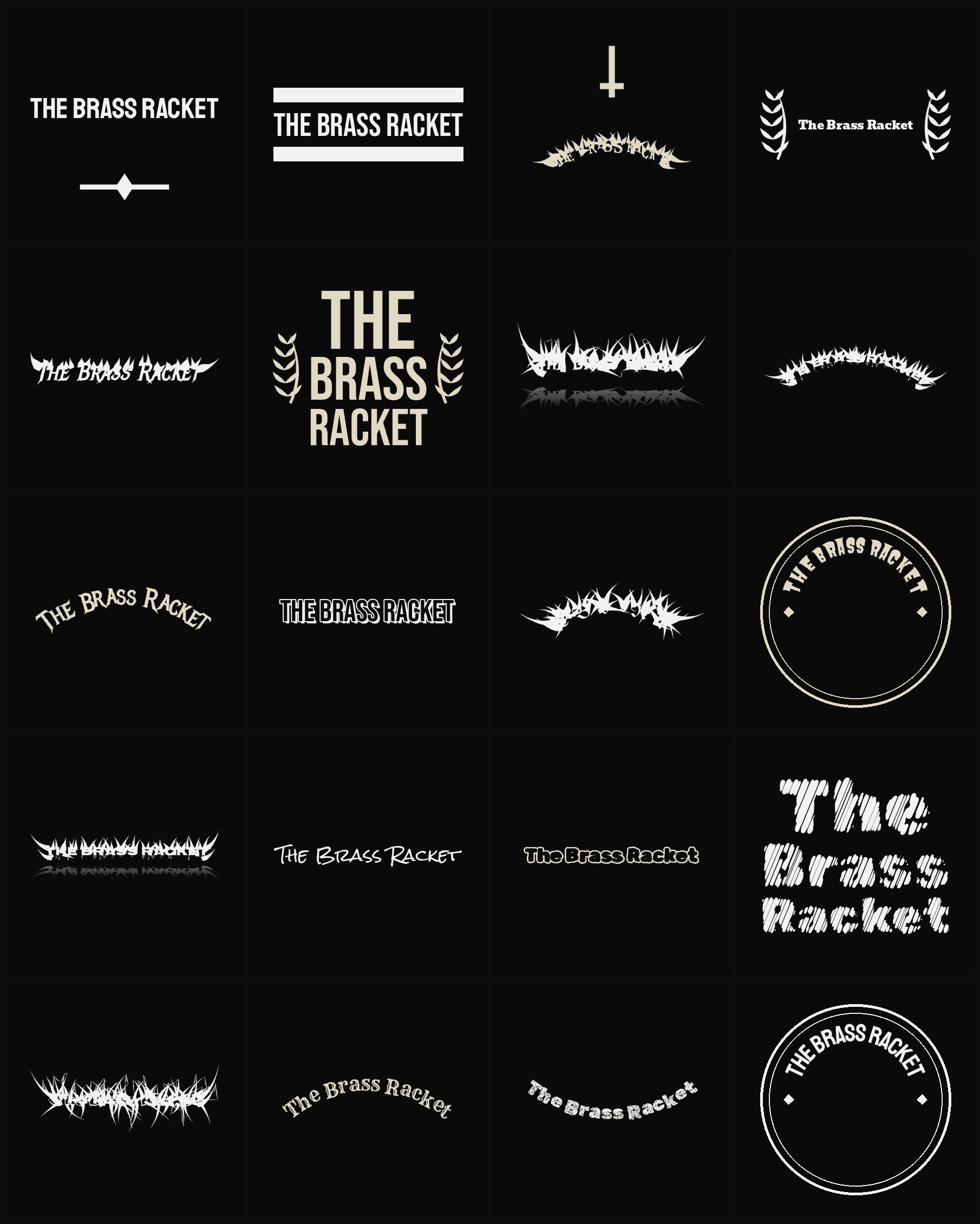 Twenty The Brass Racket band logo ideas — different faces, treatments and spike settings