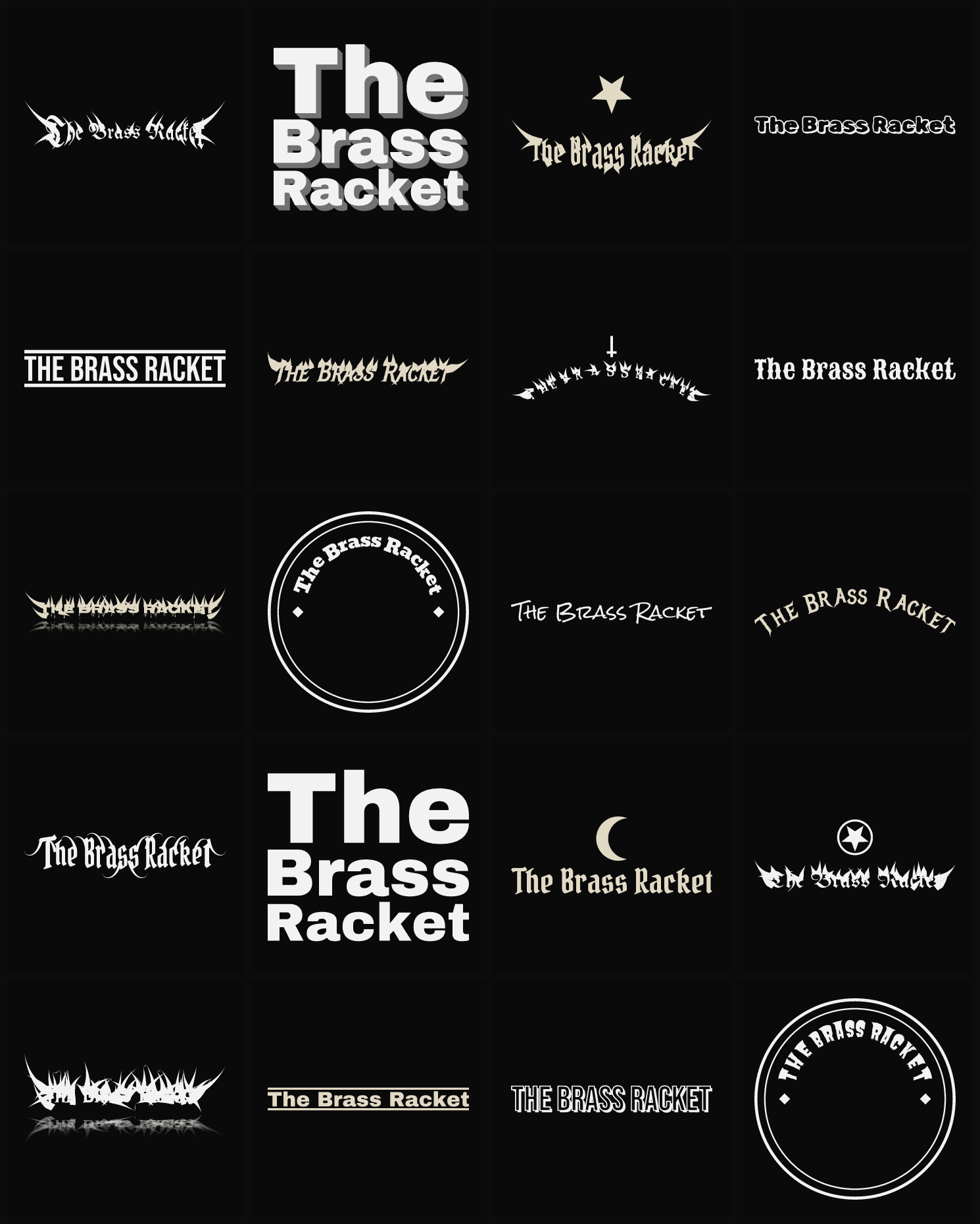 Twenty The Brass Racket band logo ideas — different faces, treatments and spike settings