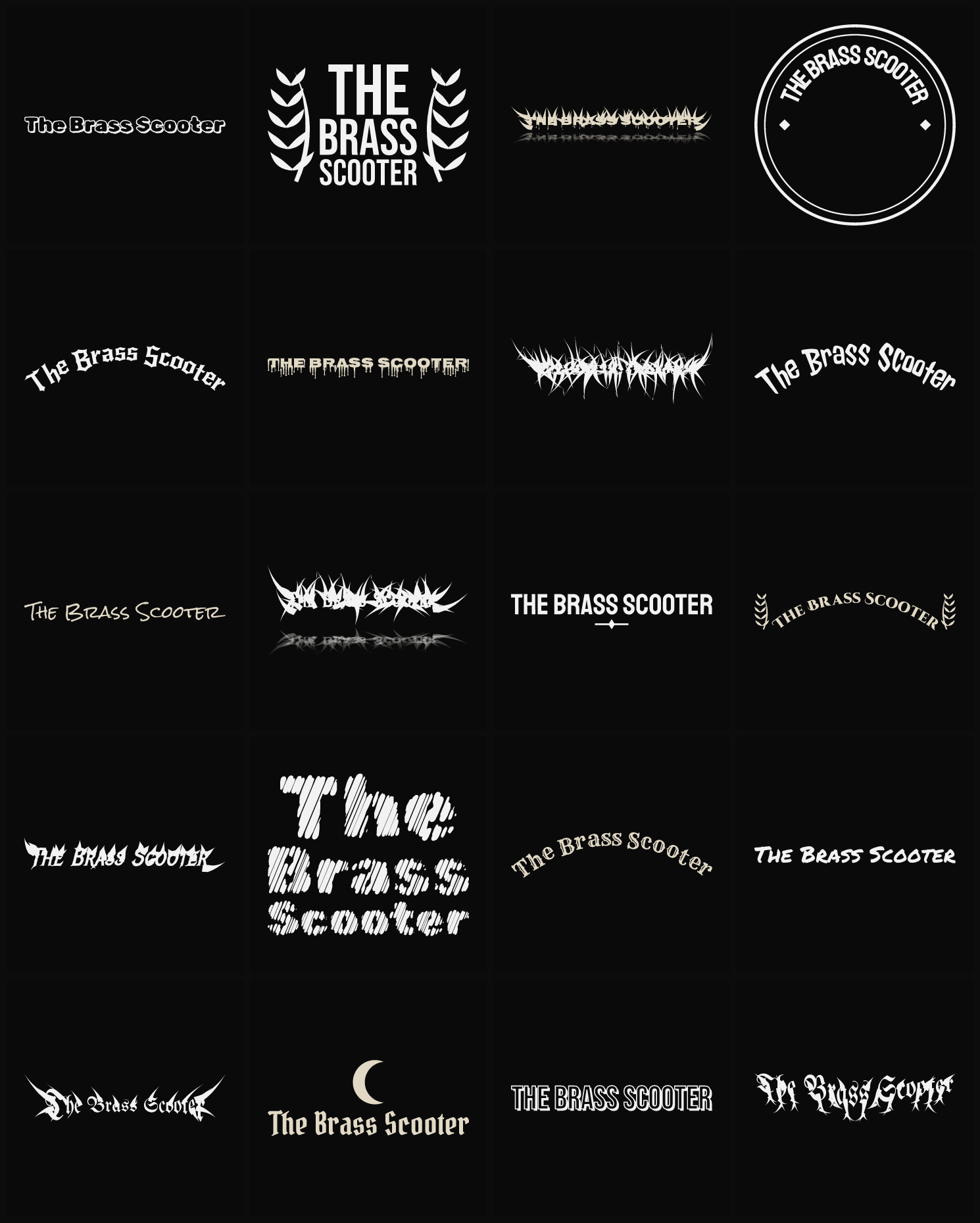Twenty The Brass Scooter band logo ideas — different faces, treatments and spike settings