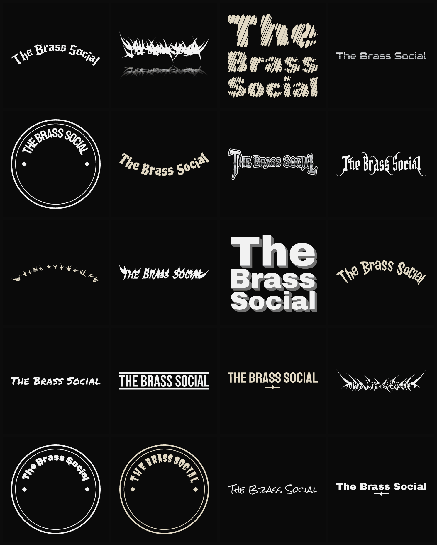 Twenty The Brass Social band logo ideas — different faces, treatments and spike settings