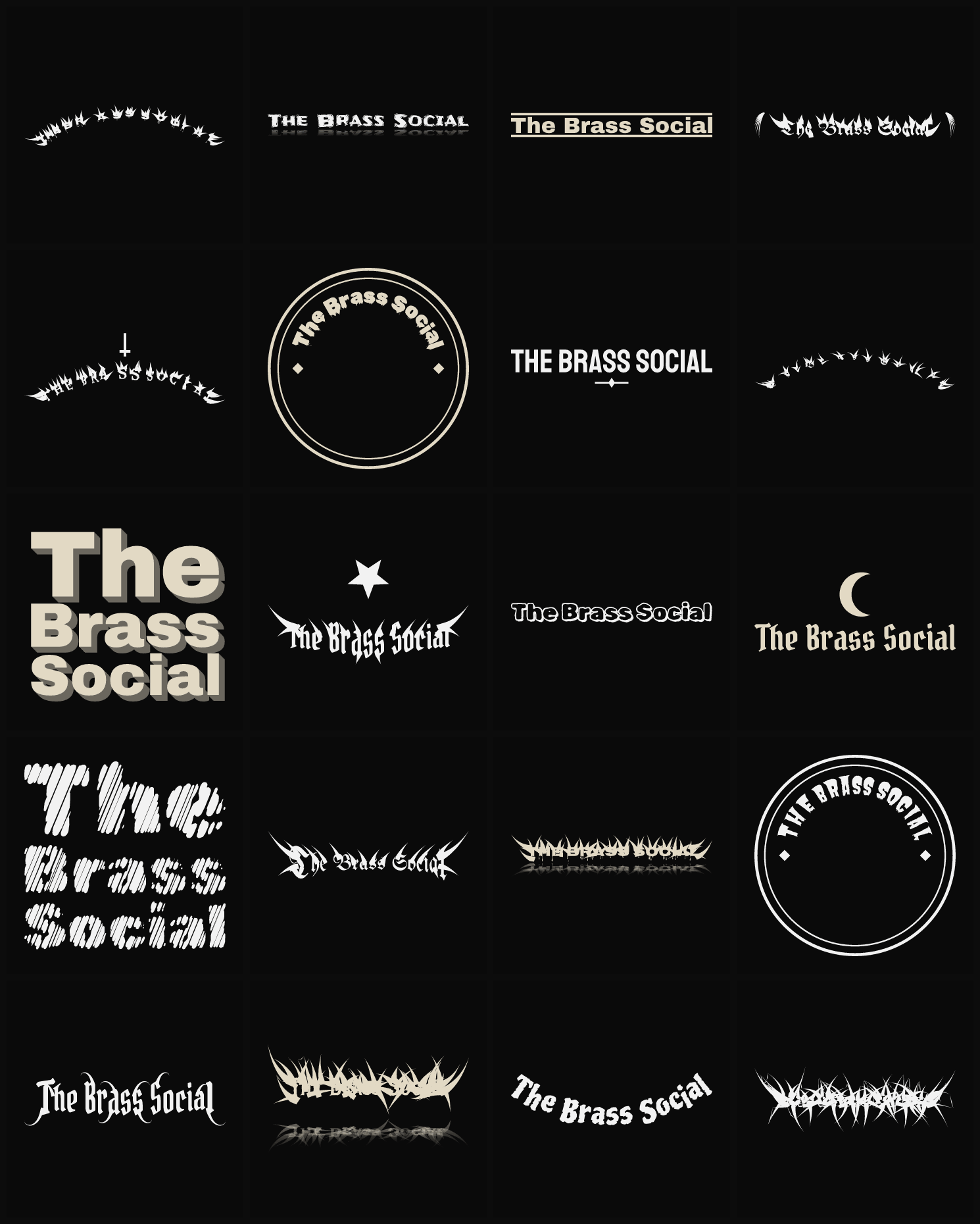 Twenty The Brass Social band logo ideas — different faces, treatments and spike settings
