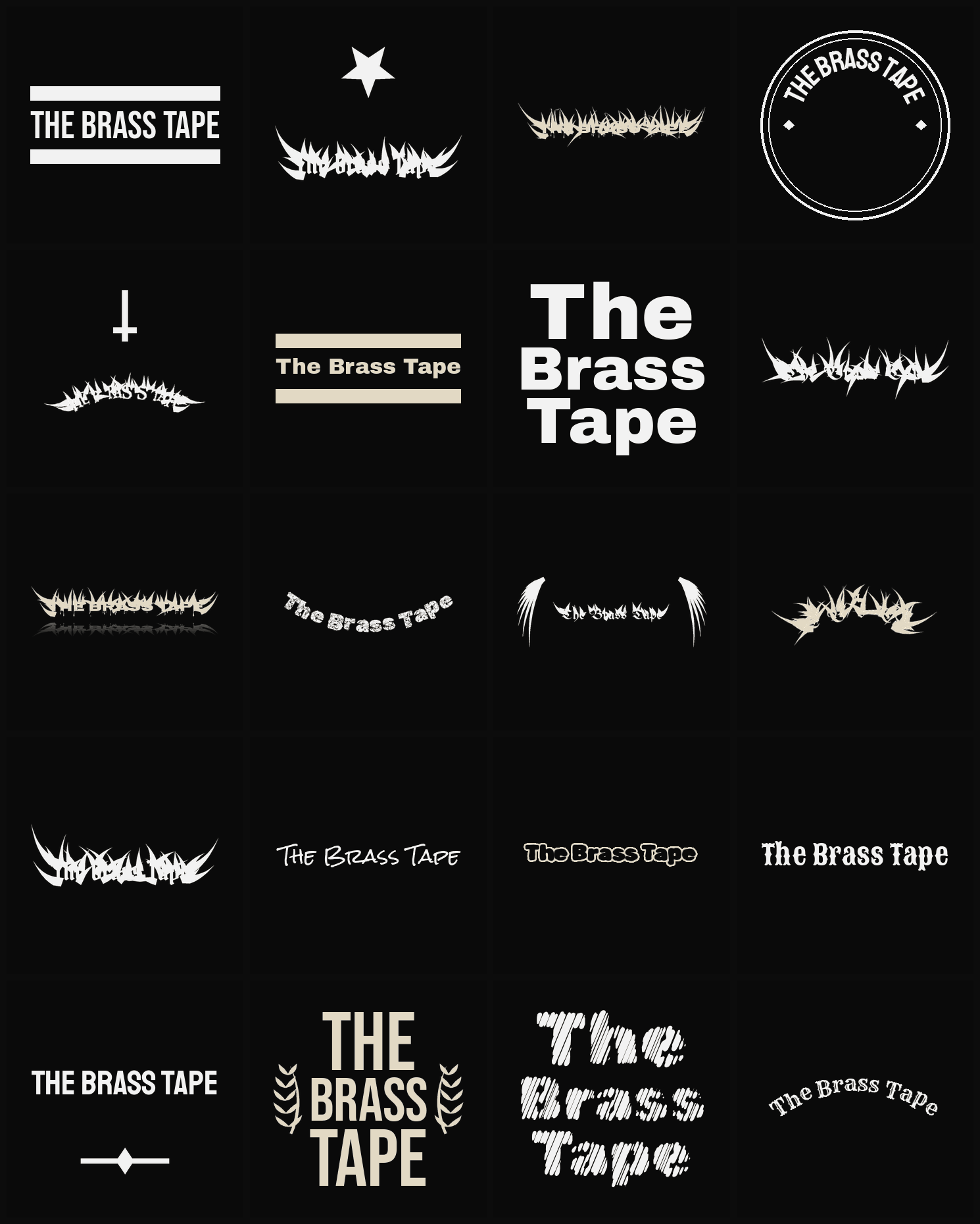 Twenty The Brass Tape band logo ideas — different faces, treatments and spike settings