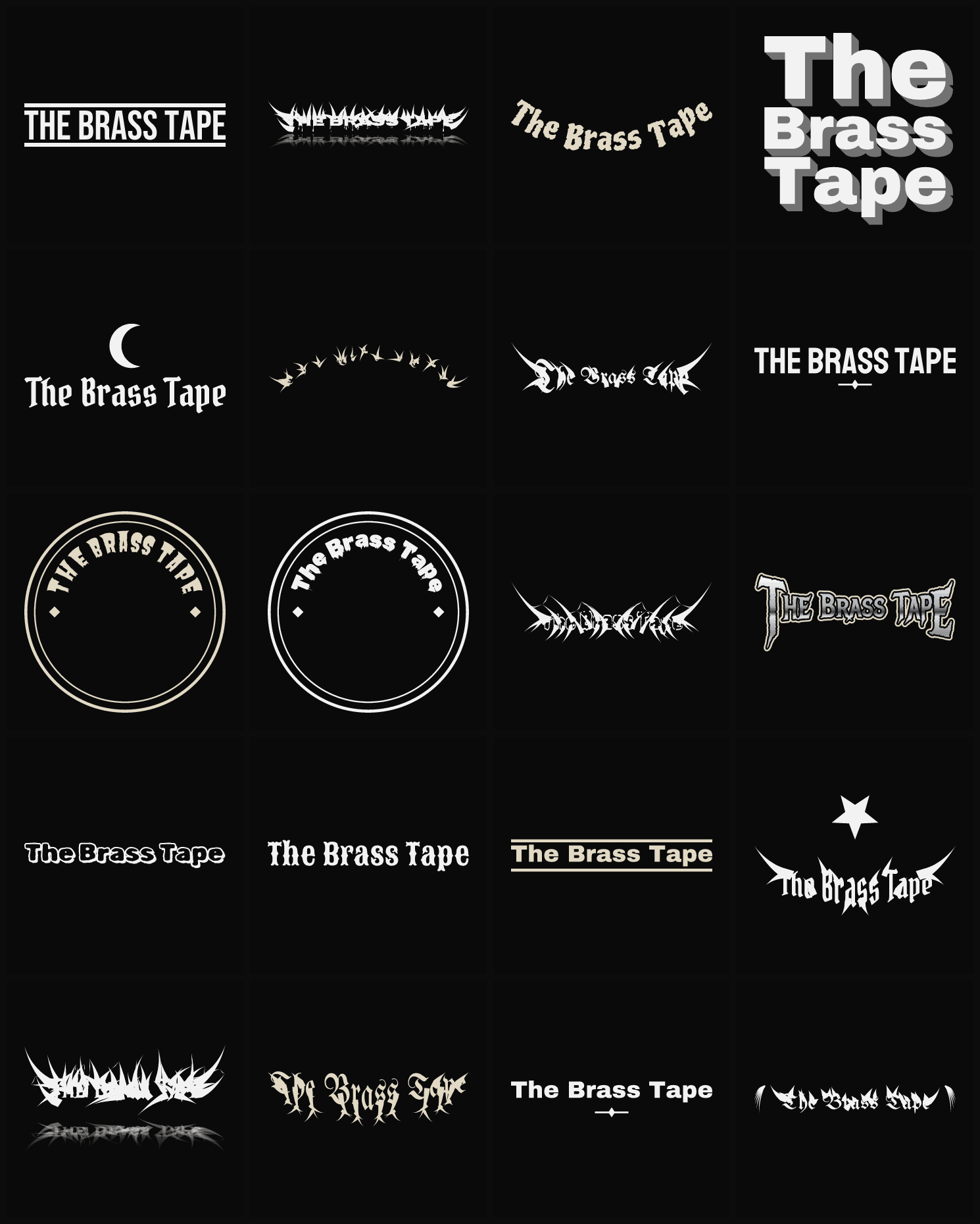 Twenty The Brass Tape band logo ideas — different faces, treatments and spike settings