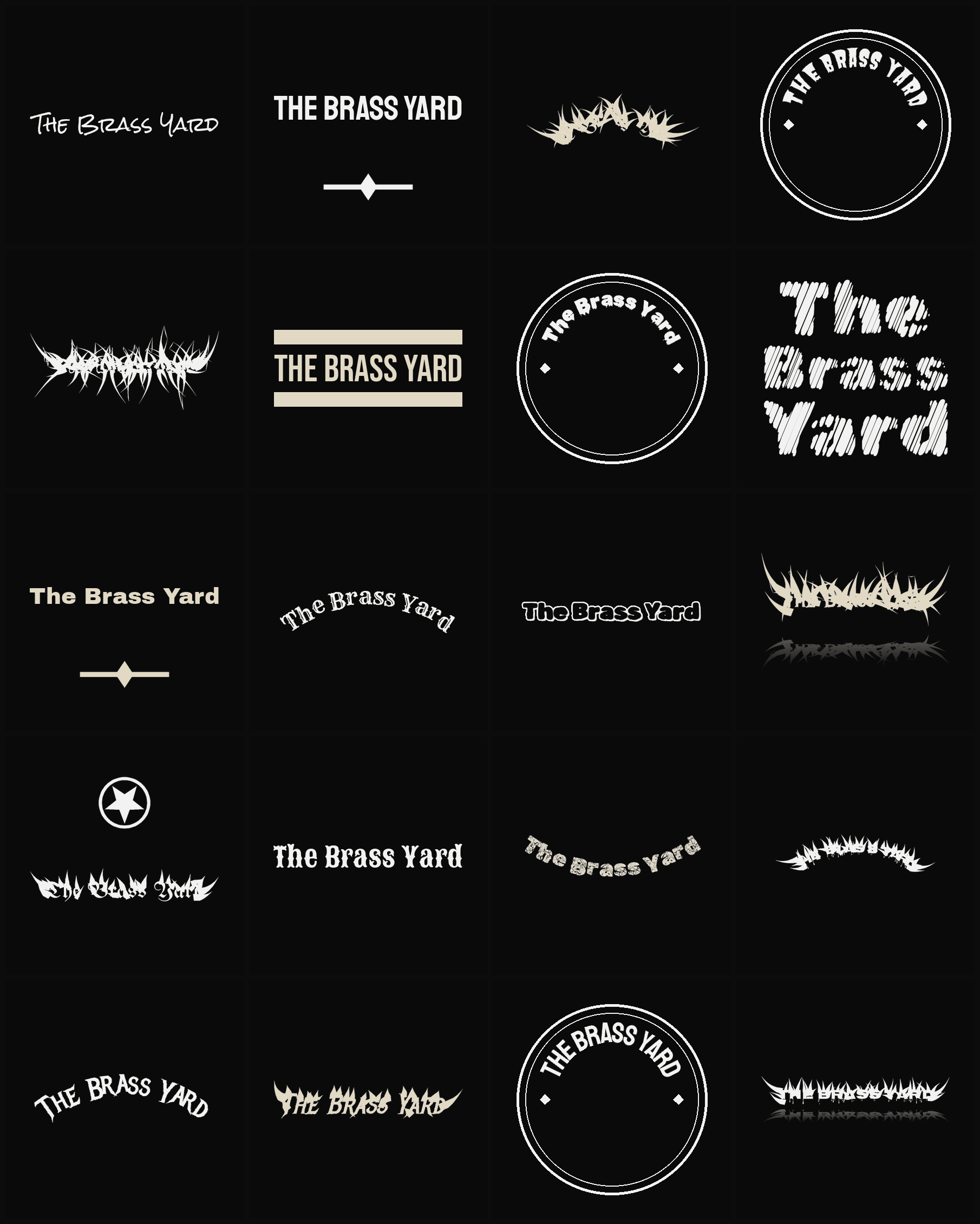Twenty The Brass Yard band logo ideas — different faces, treatments and spike settings