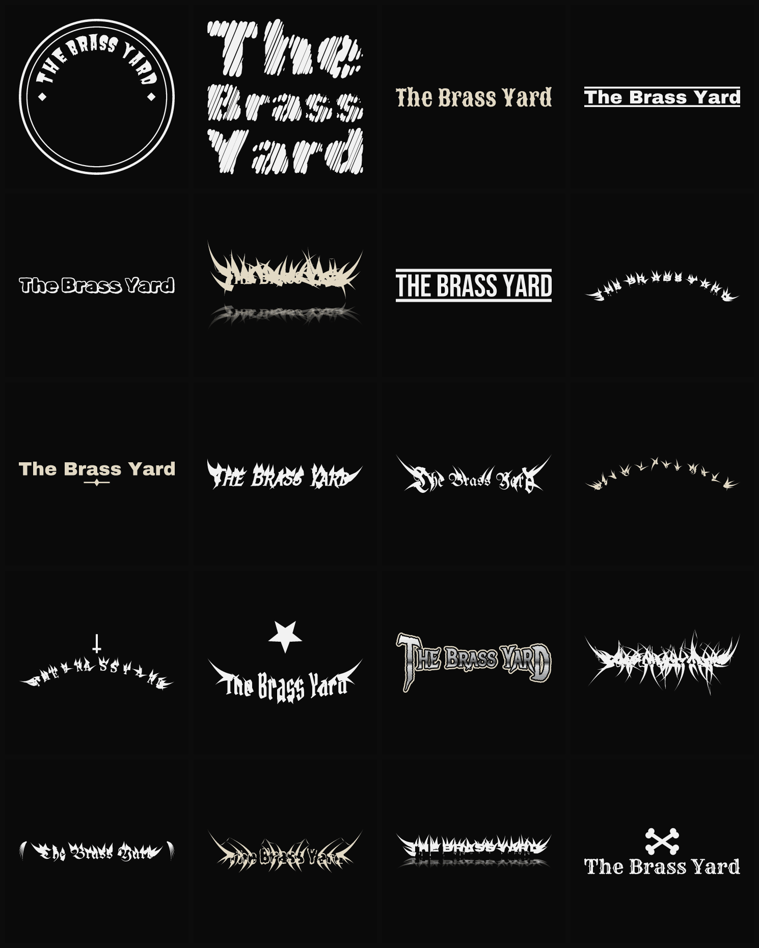 Twenty The Brass Yard band logo ideas — different faces, treatments and spike settings
