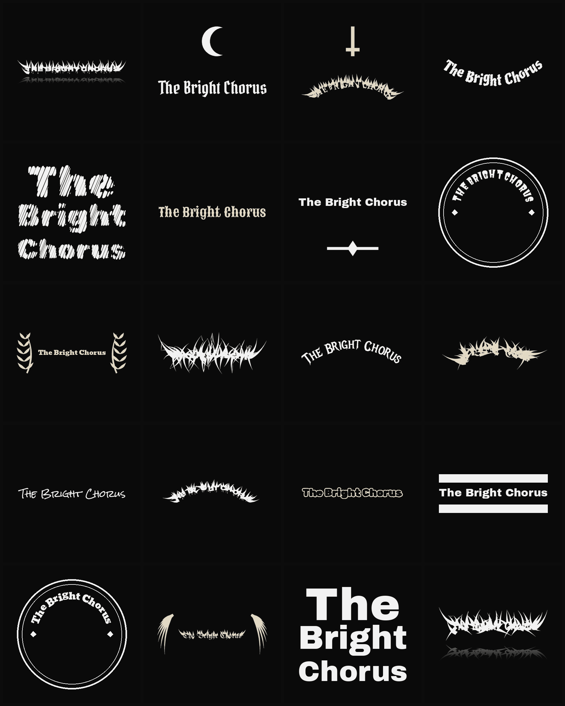 Twenty The Bright Chorus band logo ideas — different faces, treatments and spike settings