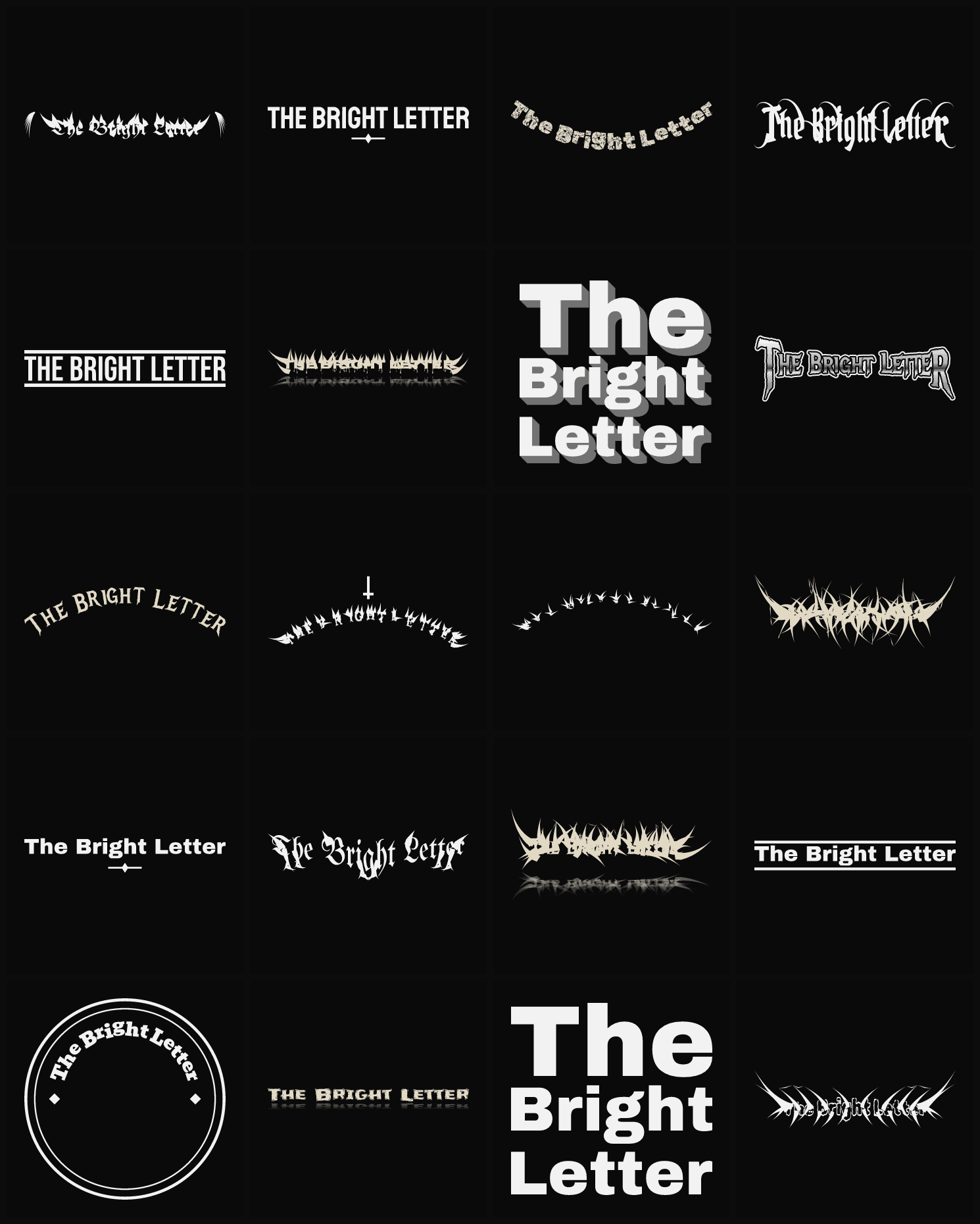 Twenty The Bright Letter band logo ideas — different faces, treatments and spike settings