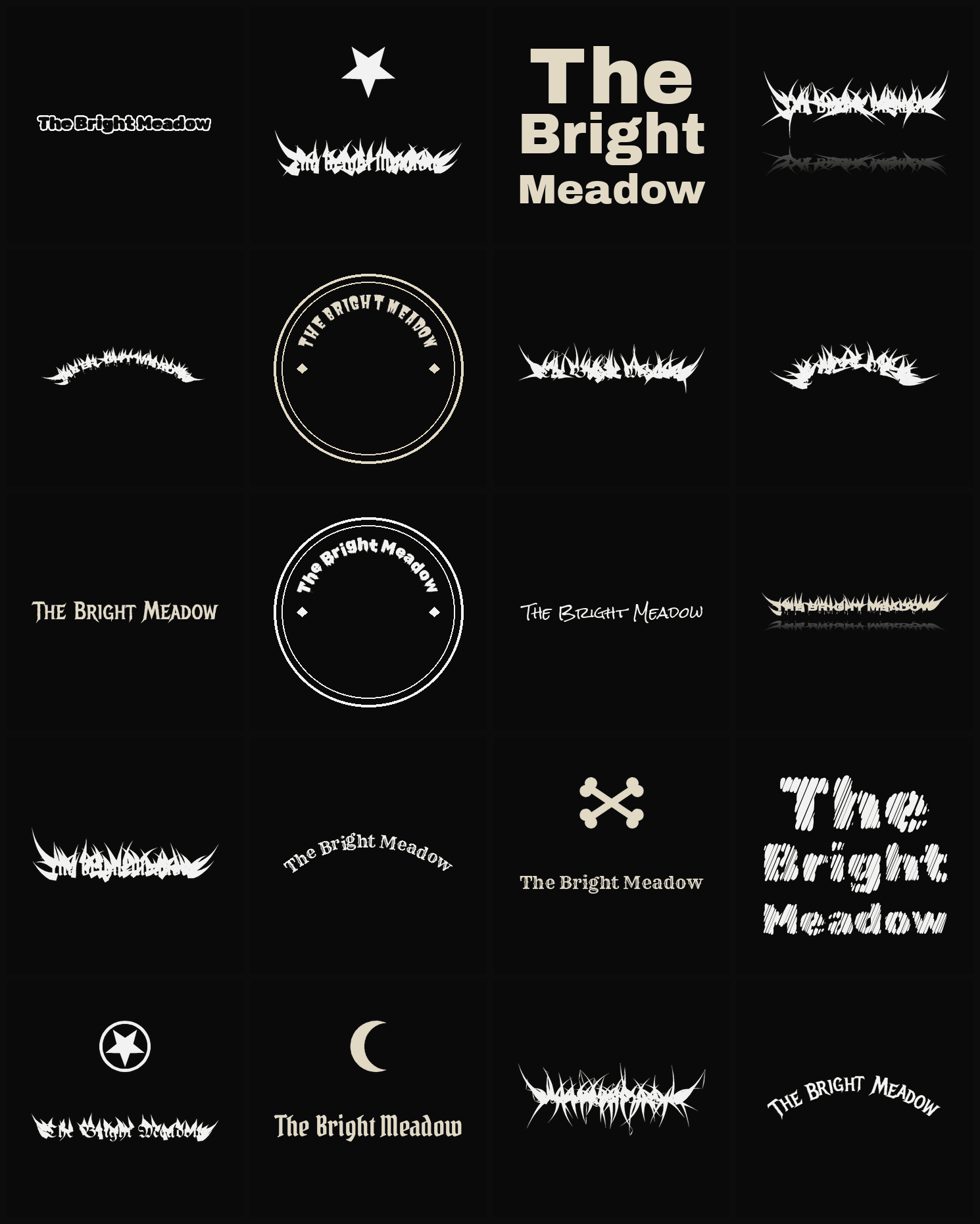 Twenty The Bright Meadow band logo ideas — different faces, treatments and spike settings