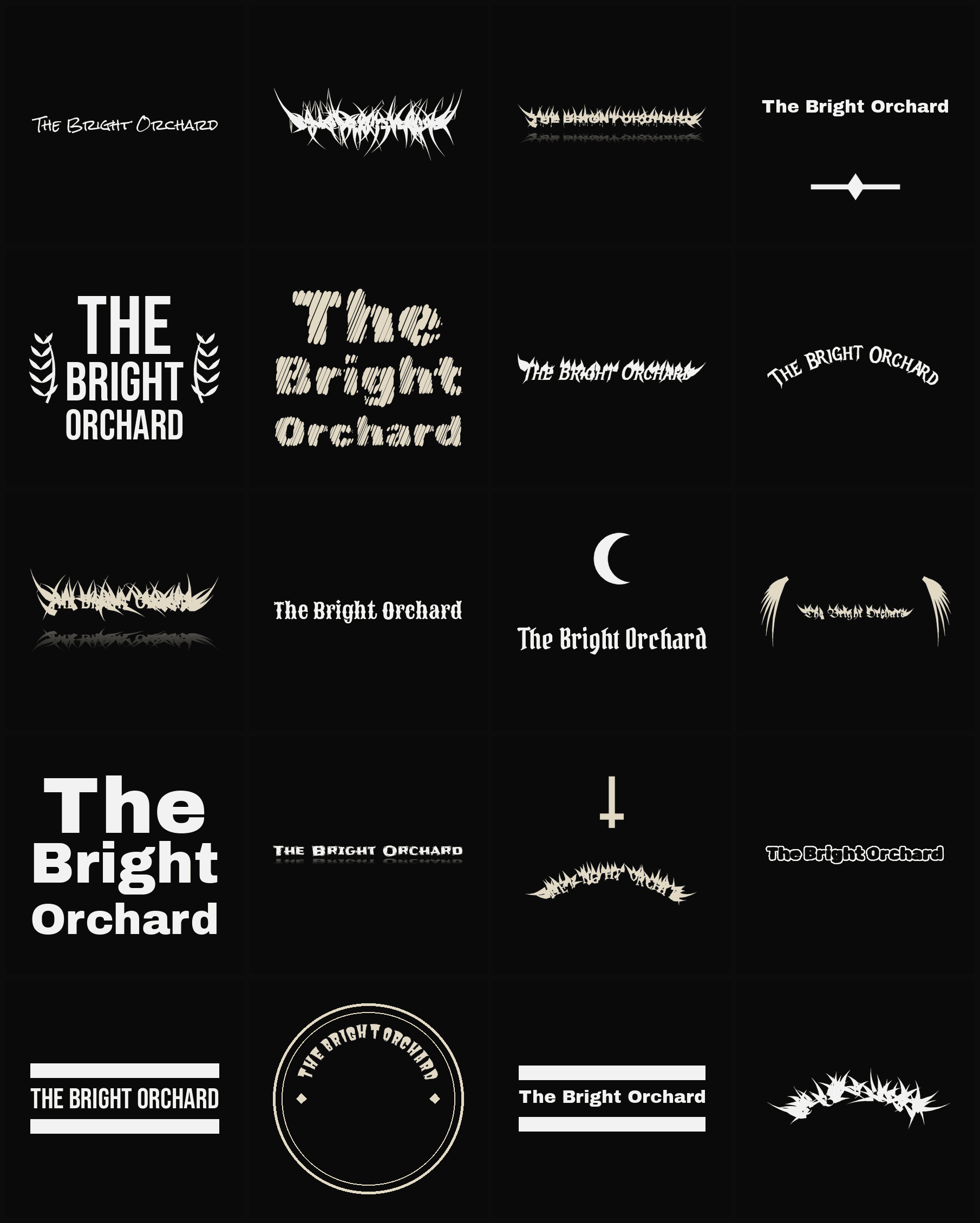 Twenty The Bright Orchard band logo ideas — different faces, treatments and spike settings