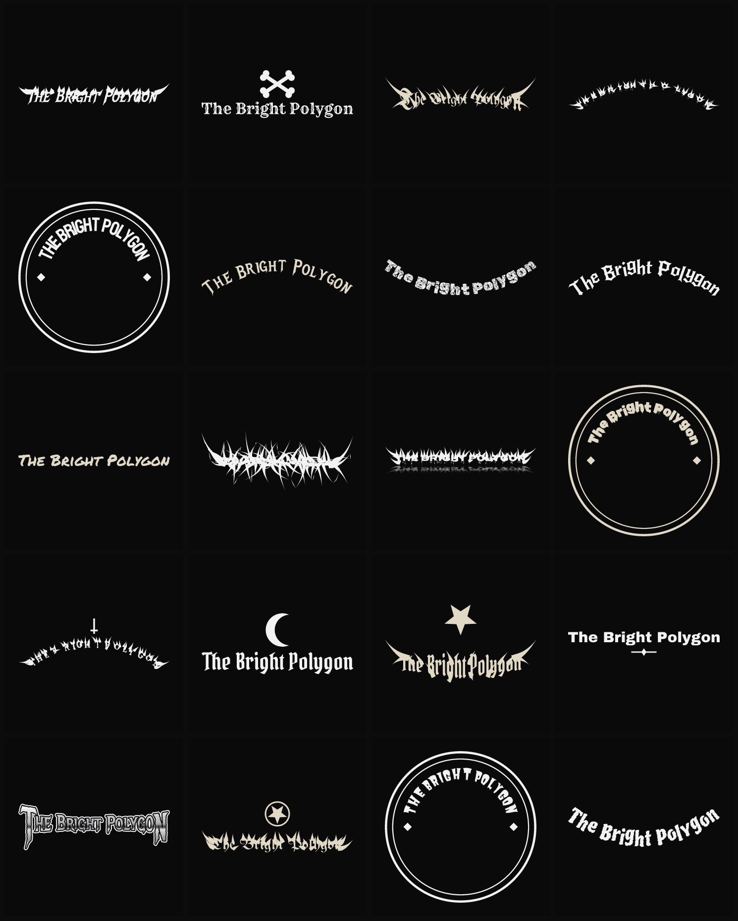 Twenty The Bright Polygon band logo ideas — different faces, treatments and spike settings
