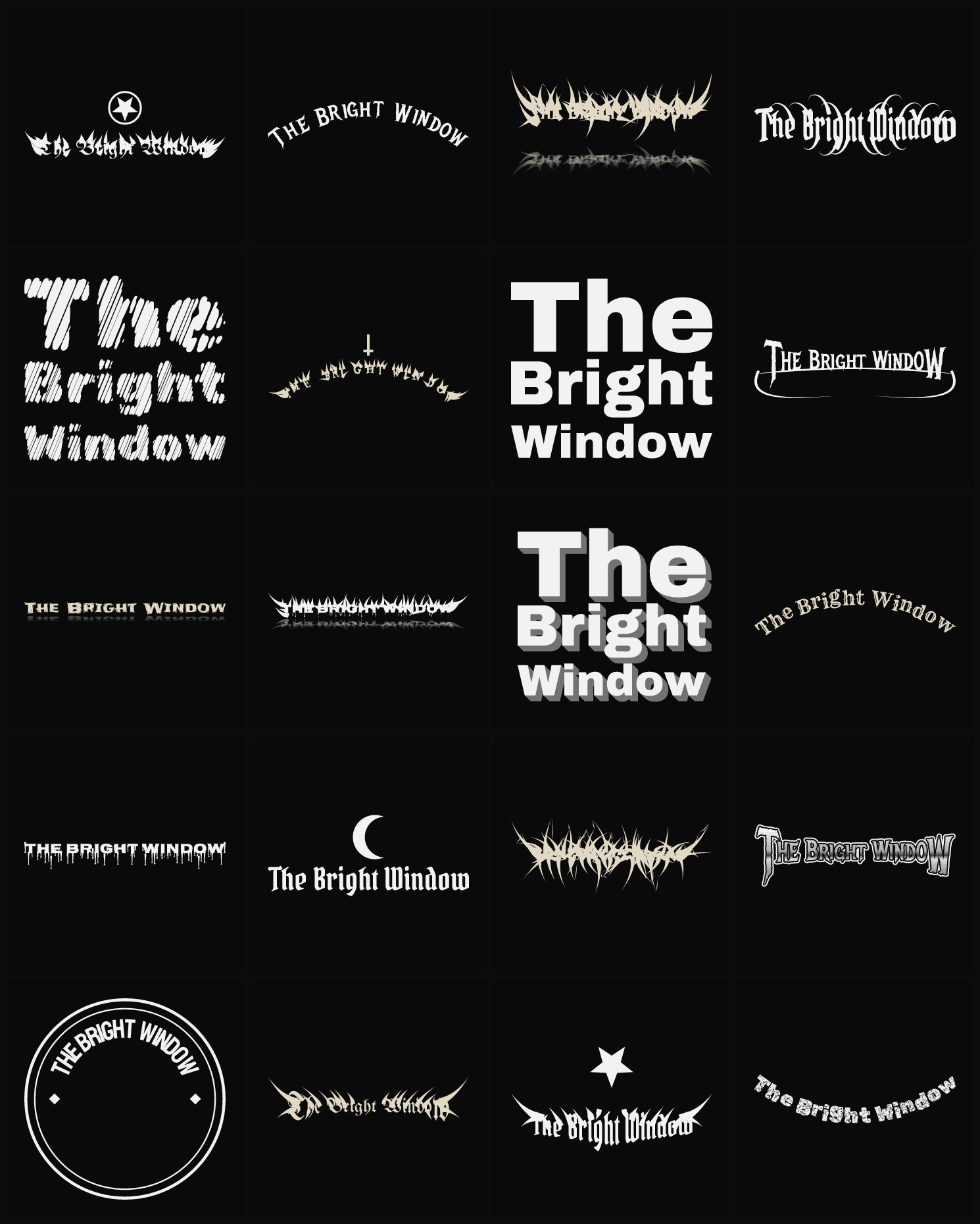 Twenty The Bright Window band logo ideas — different faces, treatments and spike settings