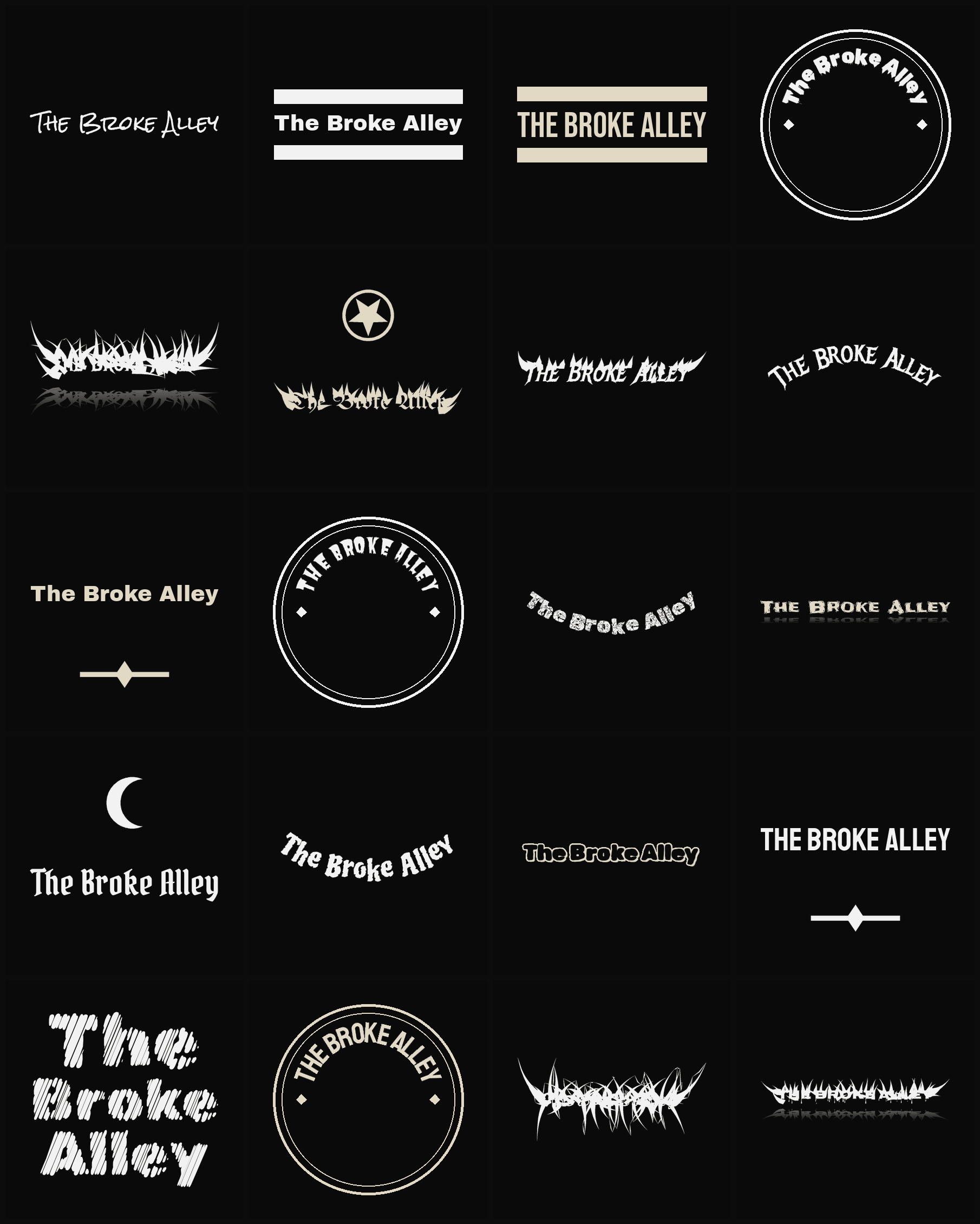 Twenty The Broke Alley band logo ideas — different faces, treatments and spike settings