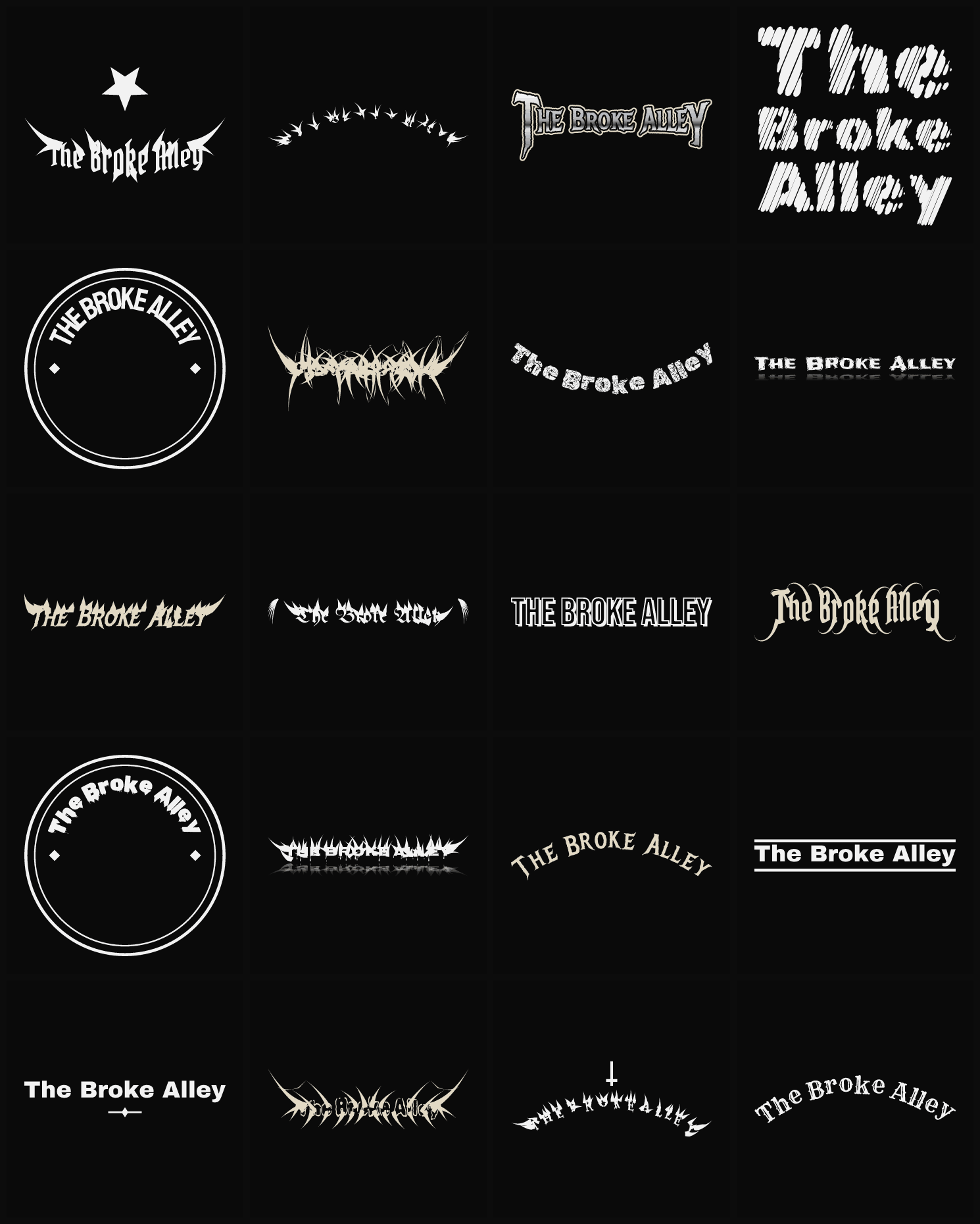 Twenty The Broke Alley band logo ideas — different faces, treatments and spike settings